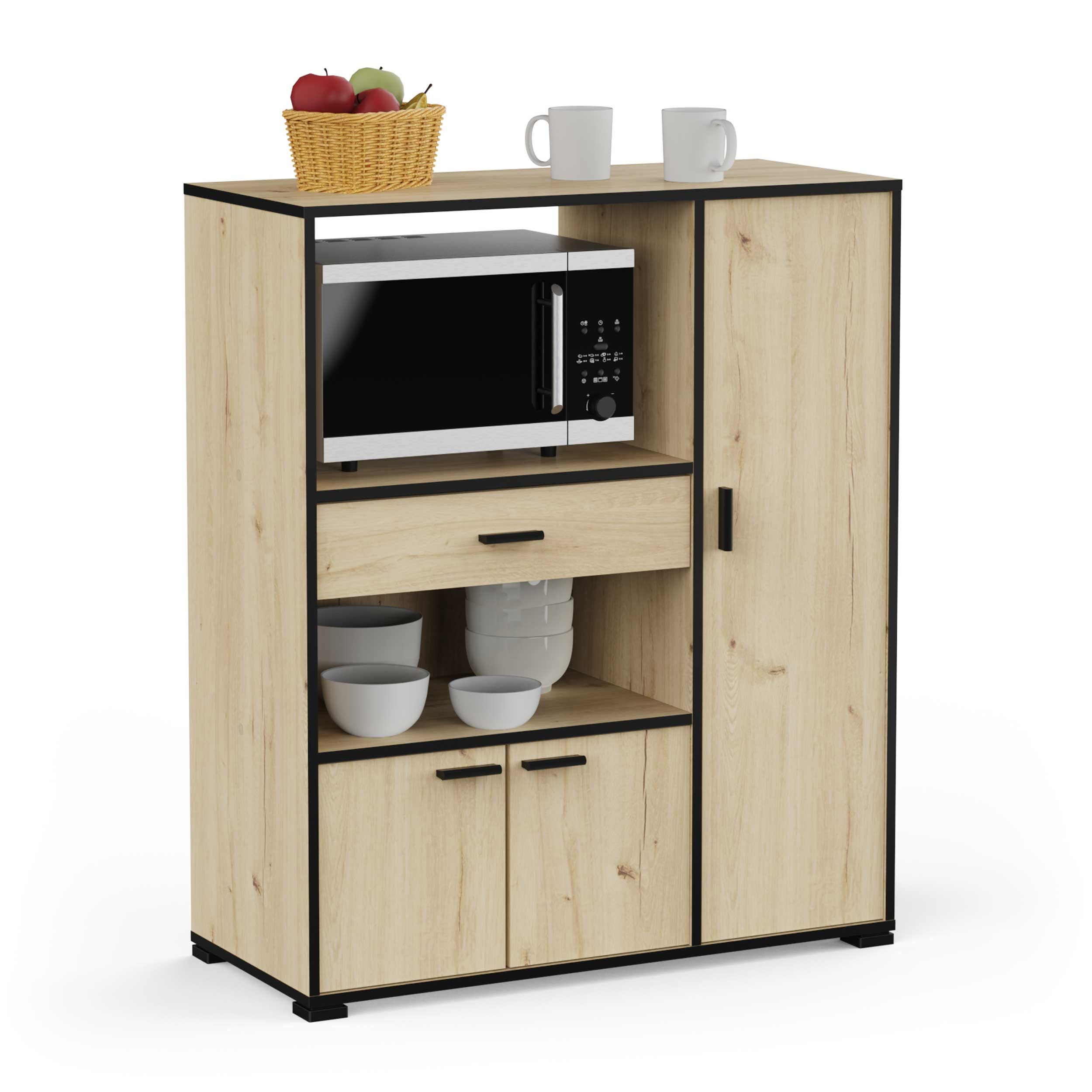 Meuble micro-ondes Zira - 90x40x107cm - 3 portes & 1 tiroir - décor chêne/noir