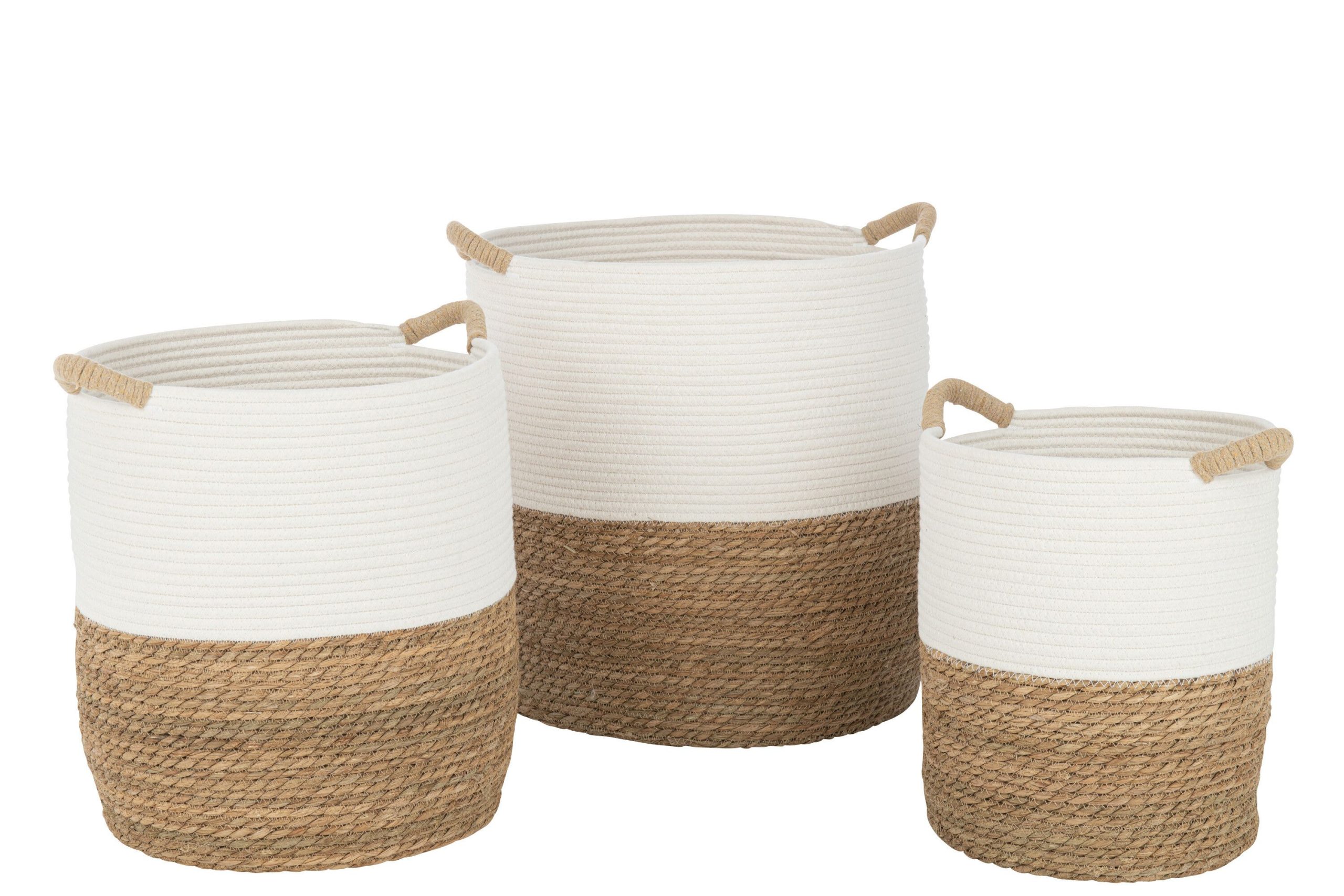 Set 3 paniers ronds anses textile blanc/naturel