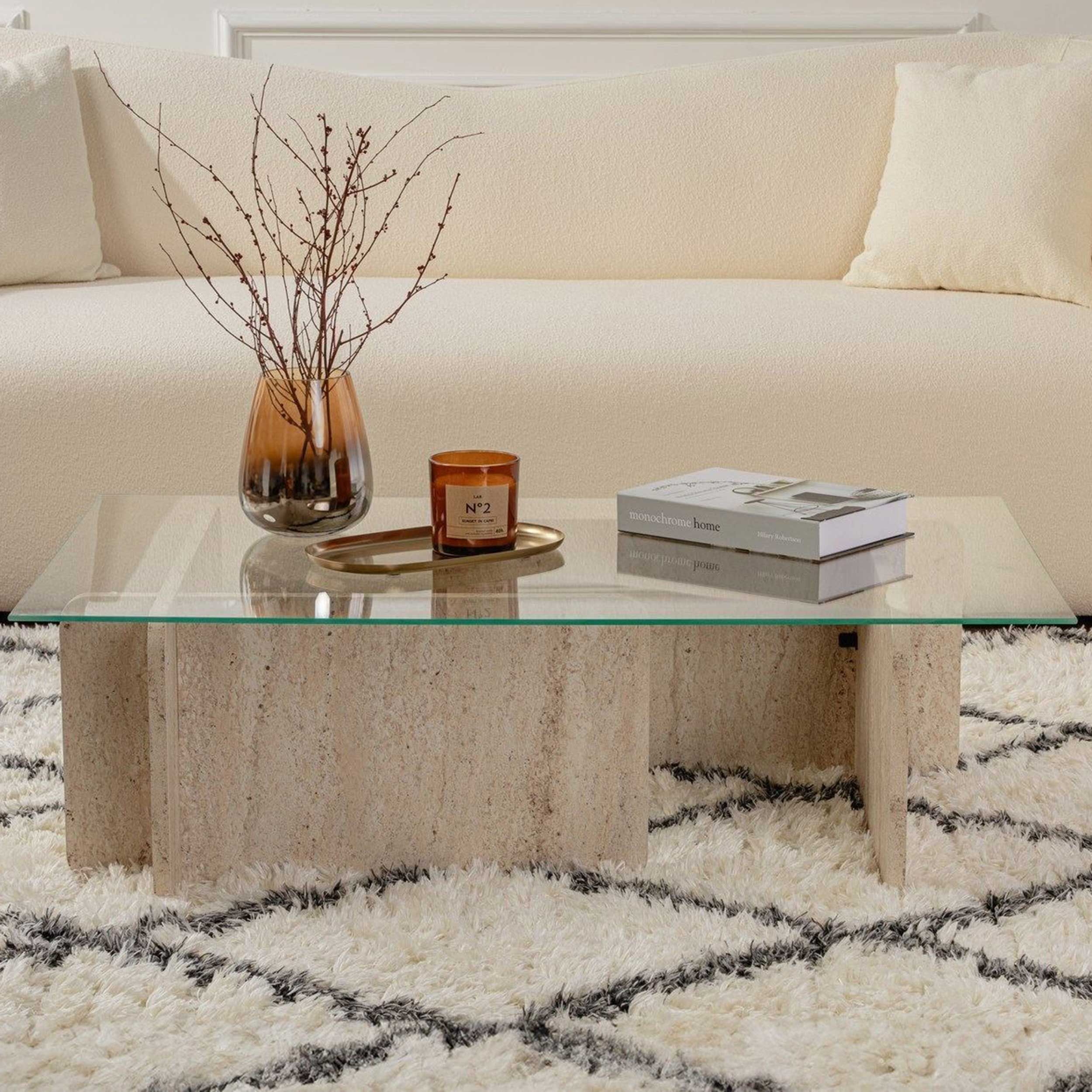 Flavio Table basse | 100 % VERRE TREMPÉ | Travertin