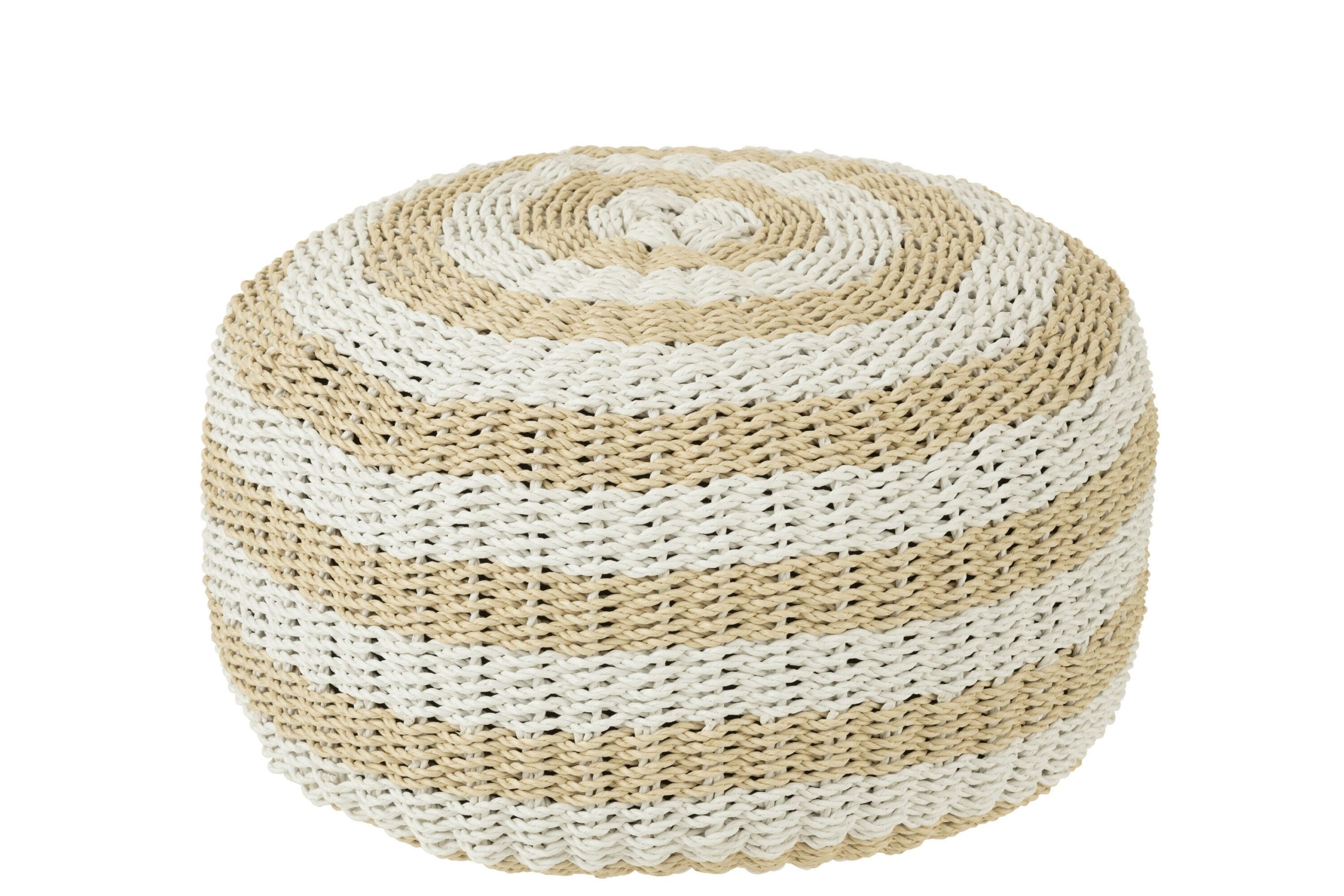 Pouf rond rayures tissage plastique blanc/naturel