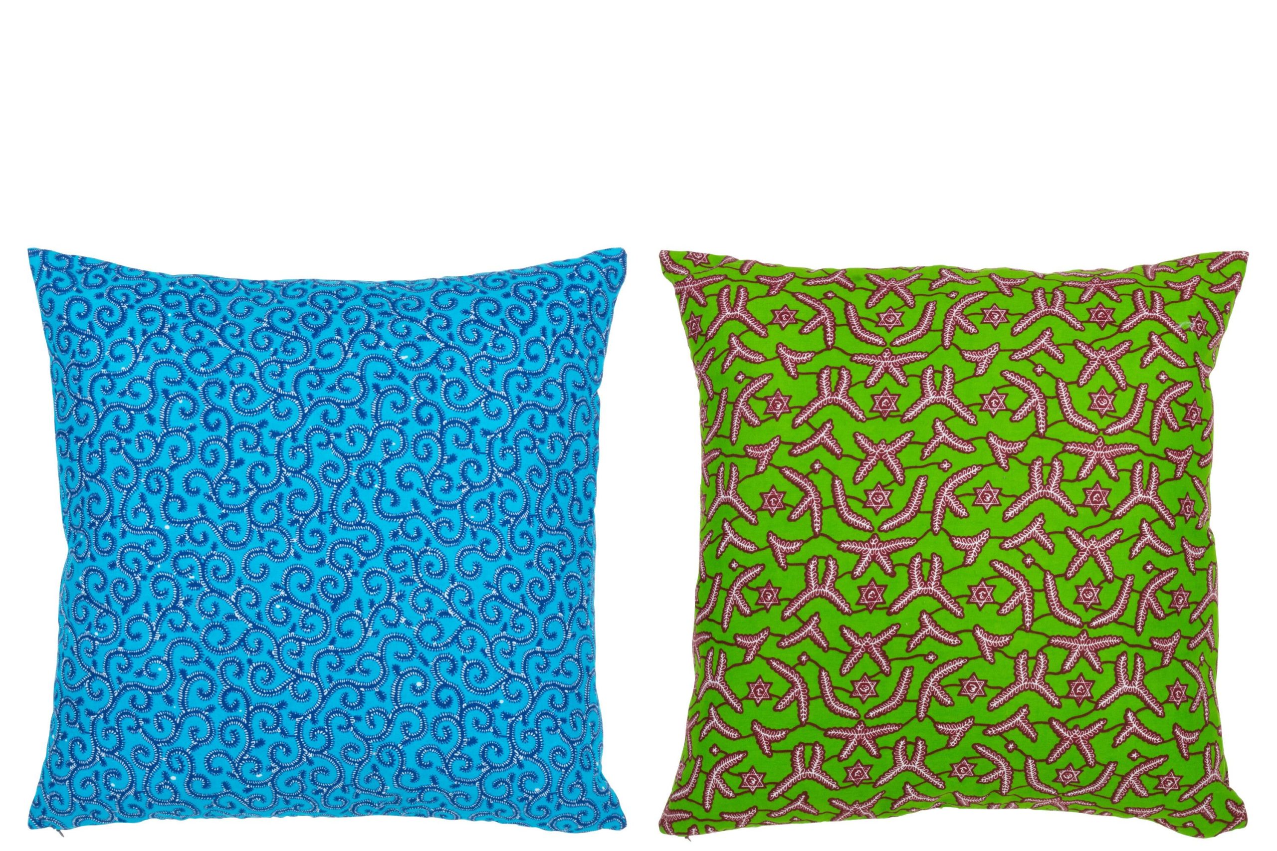 Coussin motifs tissu vert/bleu assortiment de 2