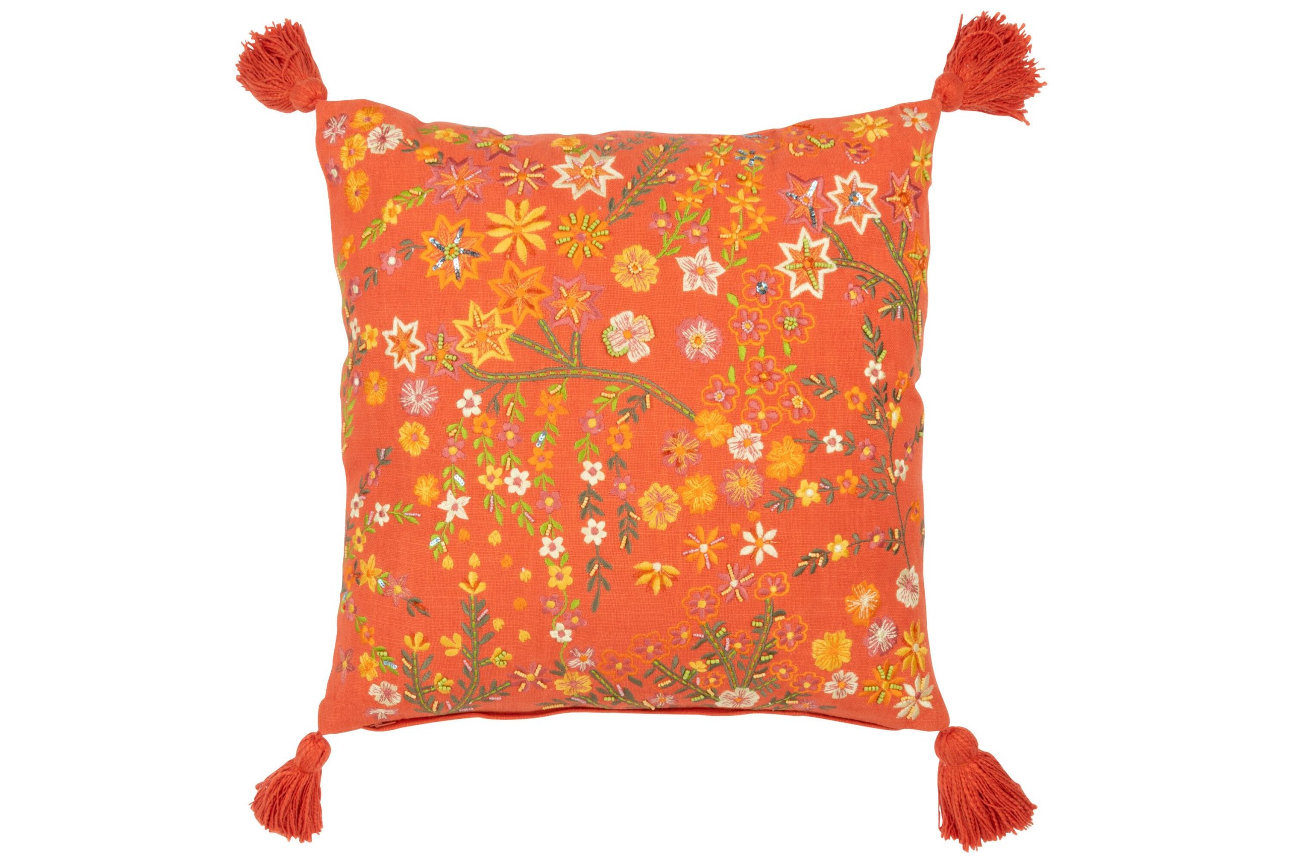Coussin carre fleurs+floches coton orange