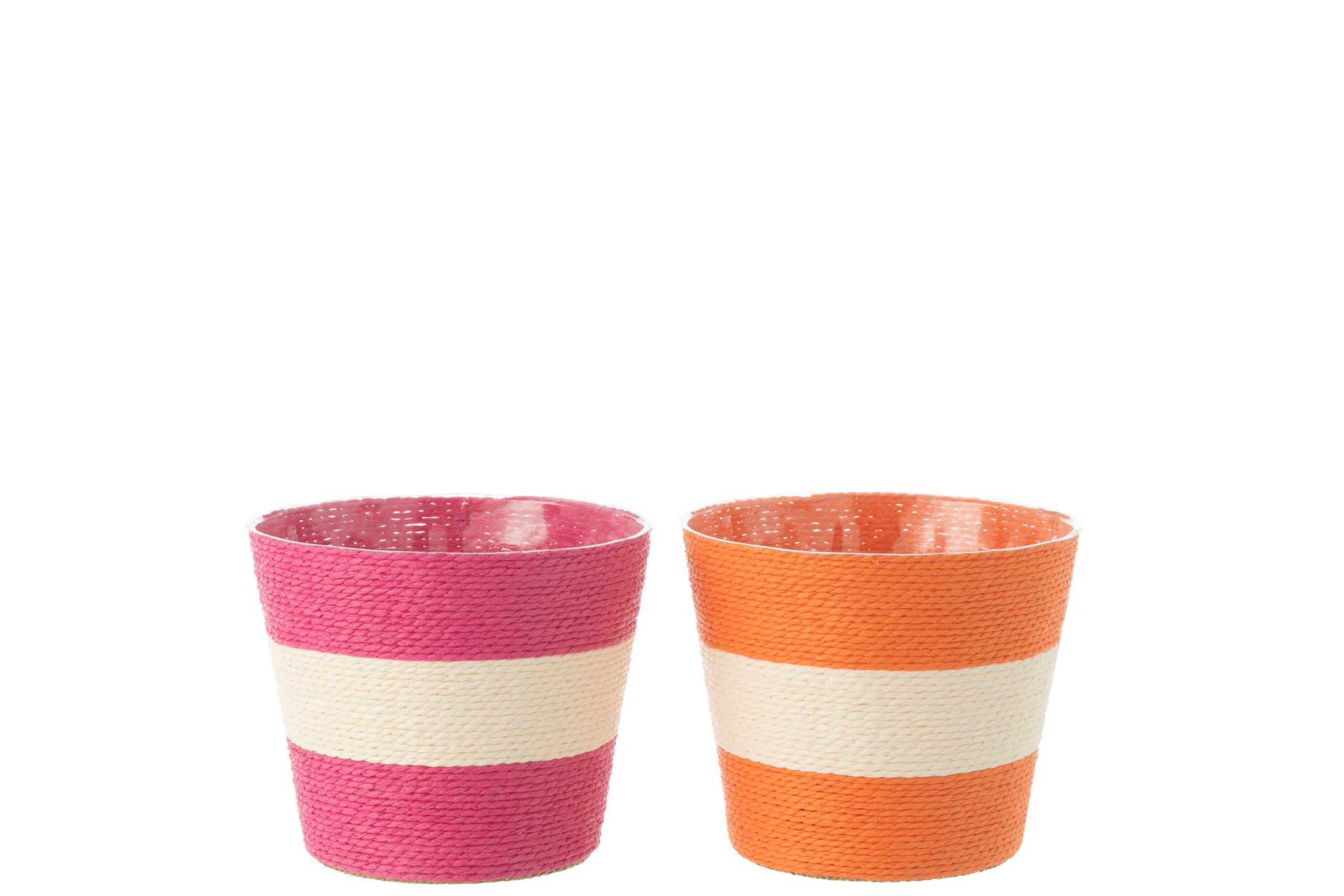 Cache-pot cordes rayure papier/pet rose/orange medium assortiment de 2