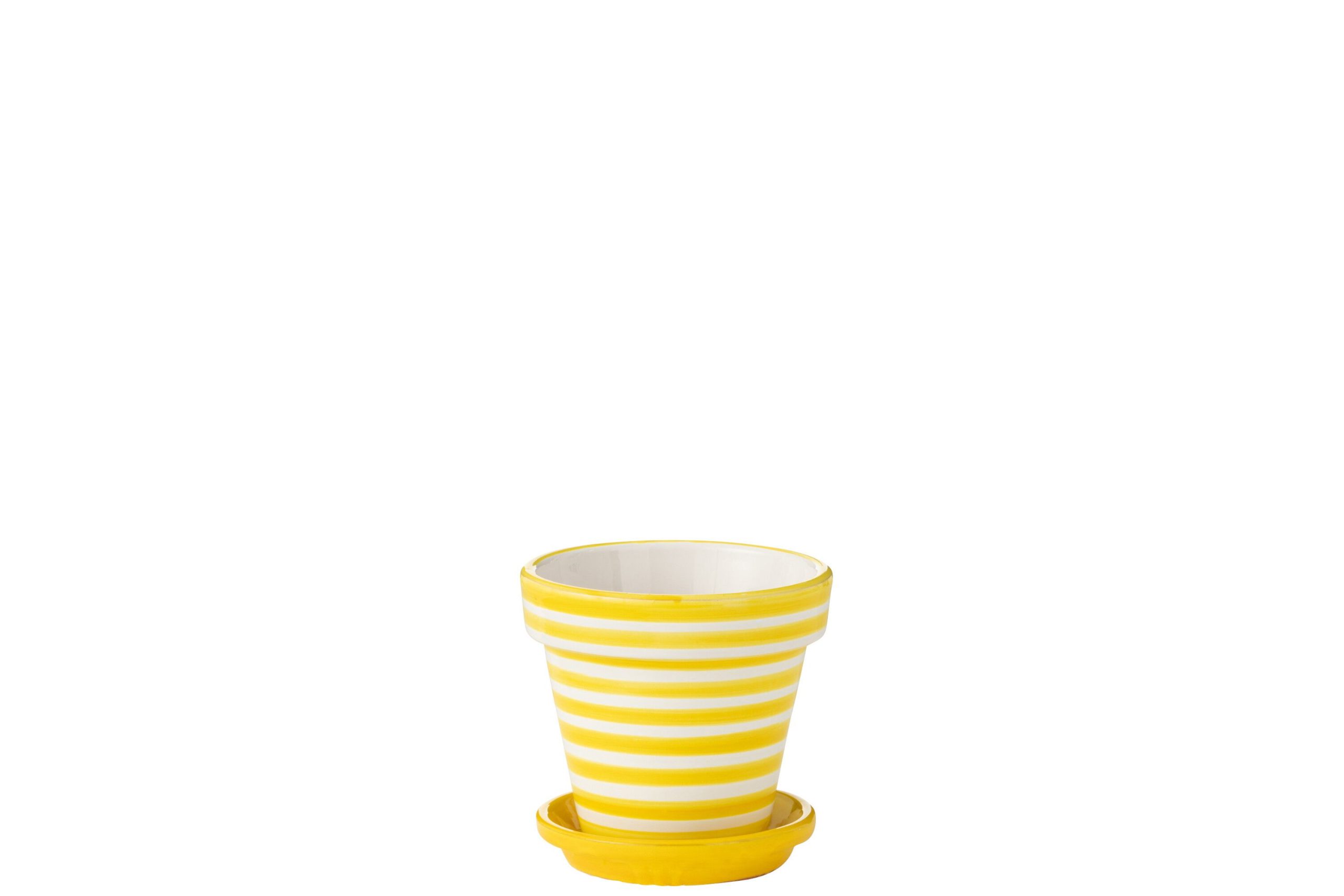 Flowerpot+plate granada stripes handmade+painted ceramic yellow small