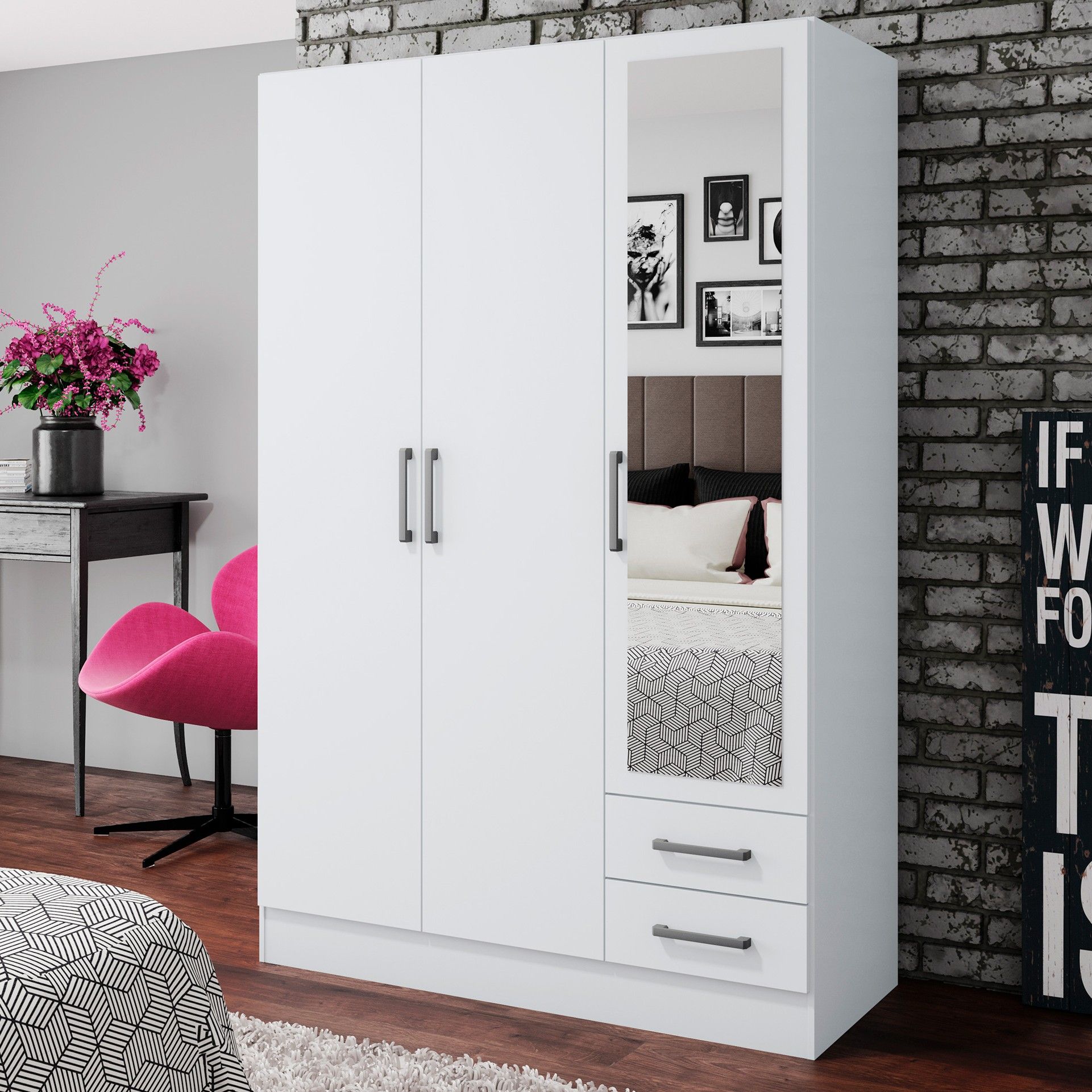 Armoire à vêtements Infas 120cm avec 3 portes & 2 tiroirs - blanc brillant