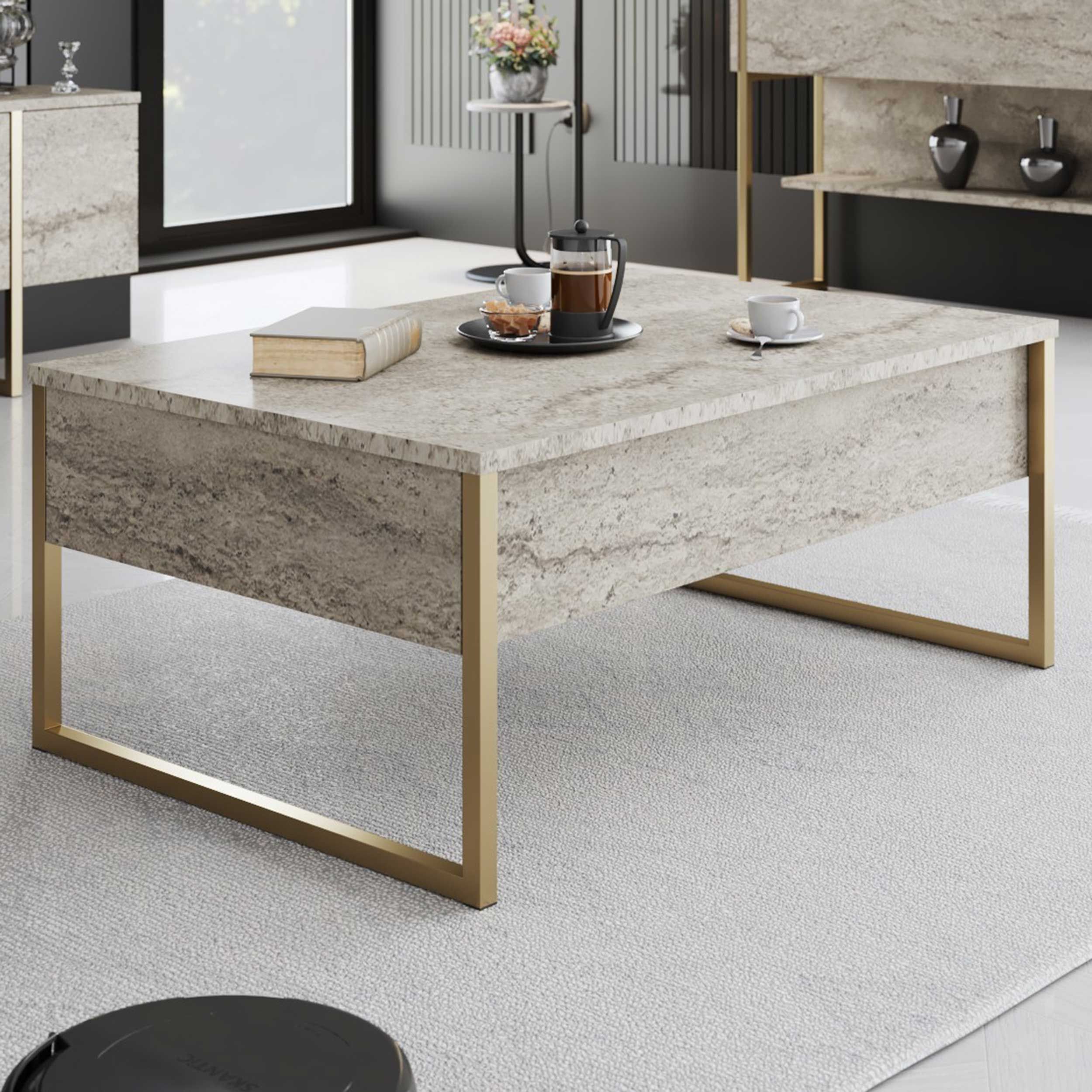 Luxe Table basse | 100 % MÉLAMINE | Travertin, Or