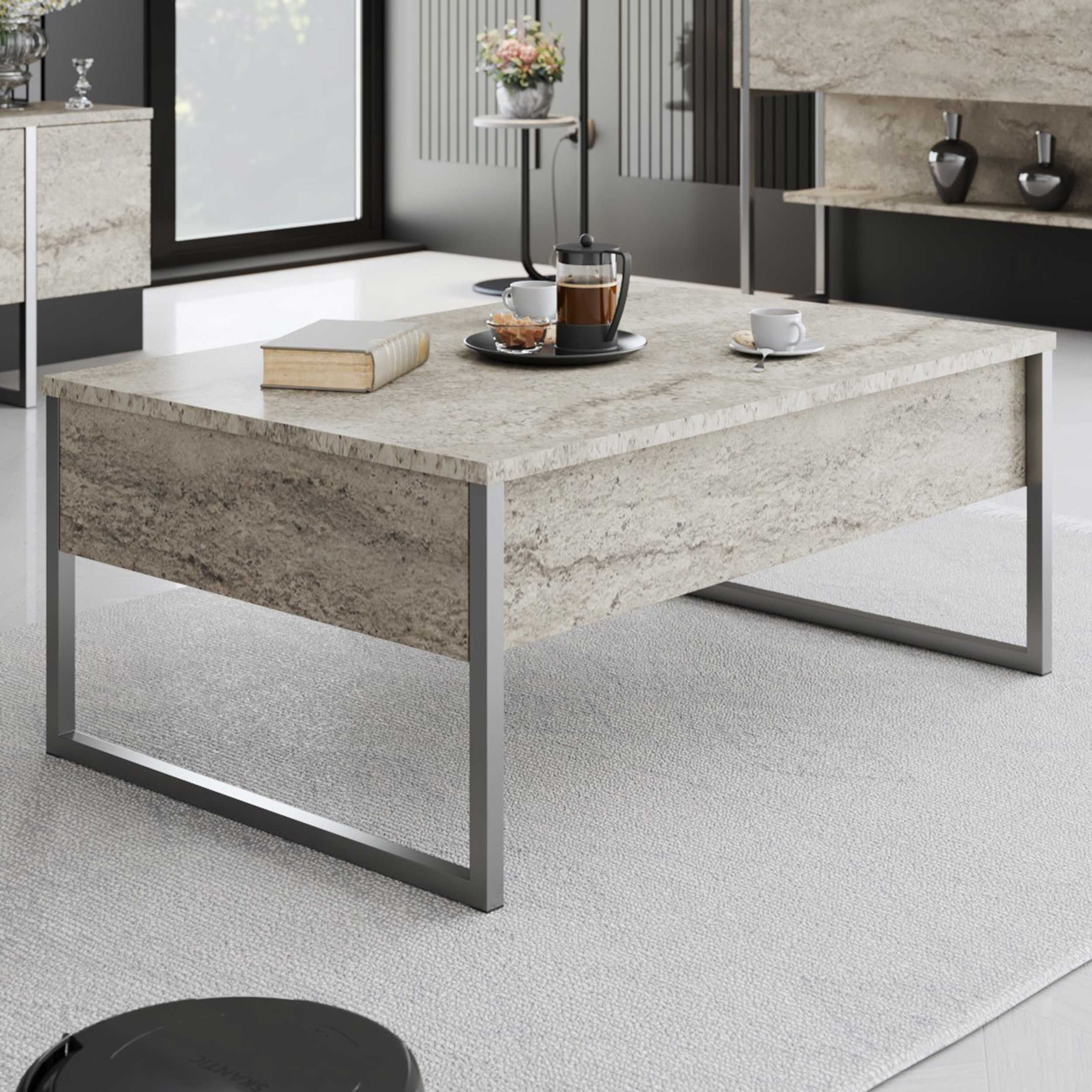 Luxe Table basse | 100 % MÉLAMINE | Travertin, Argent