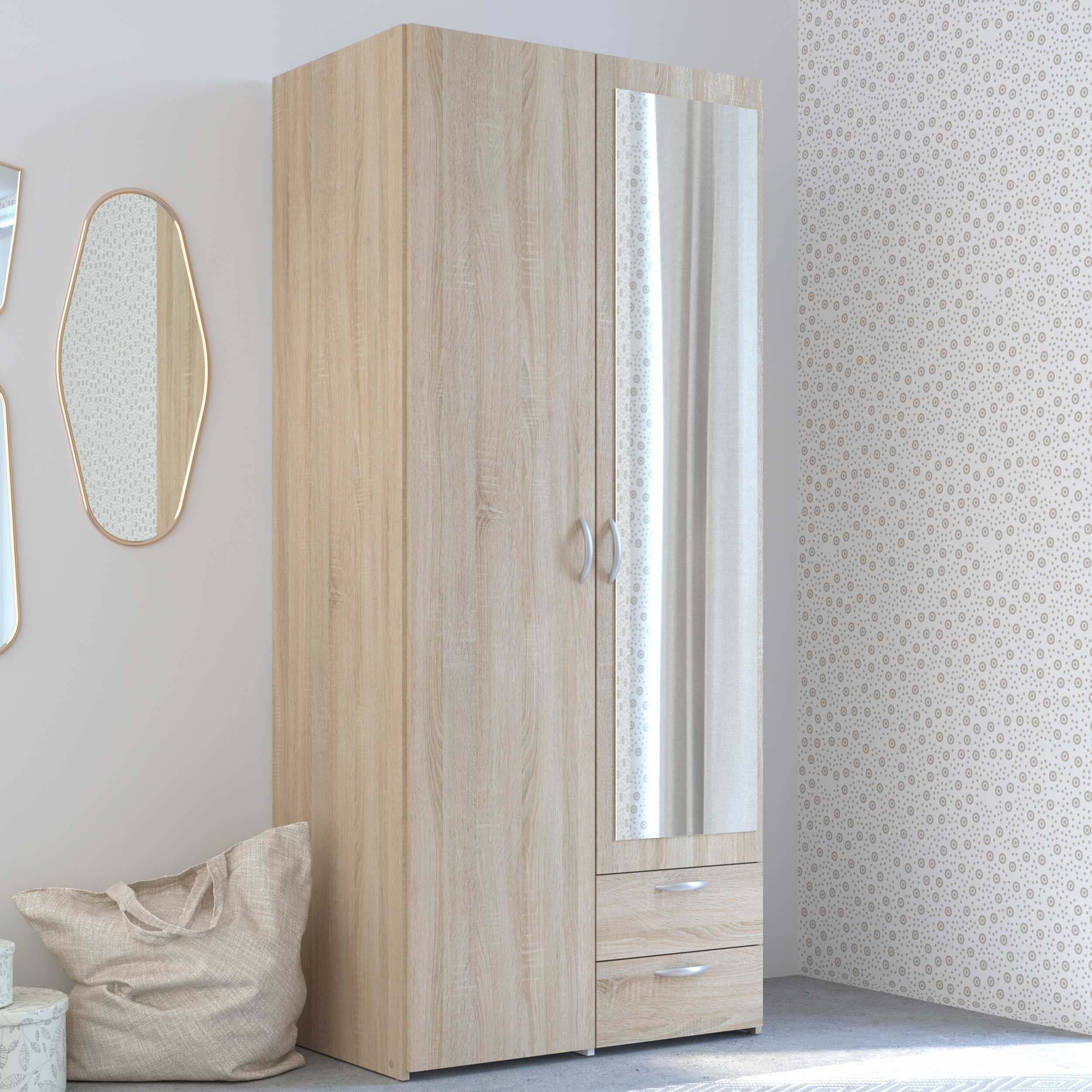 Armoire de rangement Salvador miroir, 2 portes & 2 tiroirs - chêne sonoma