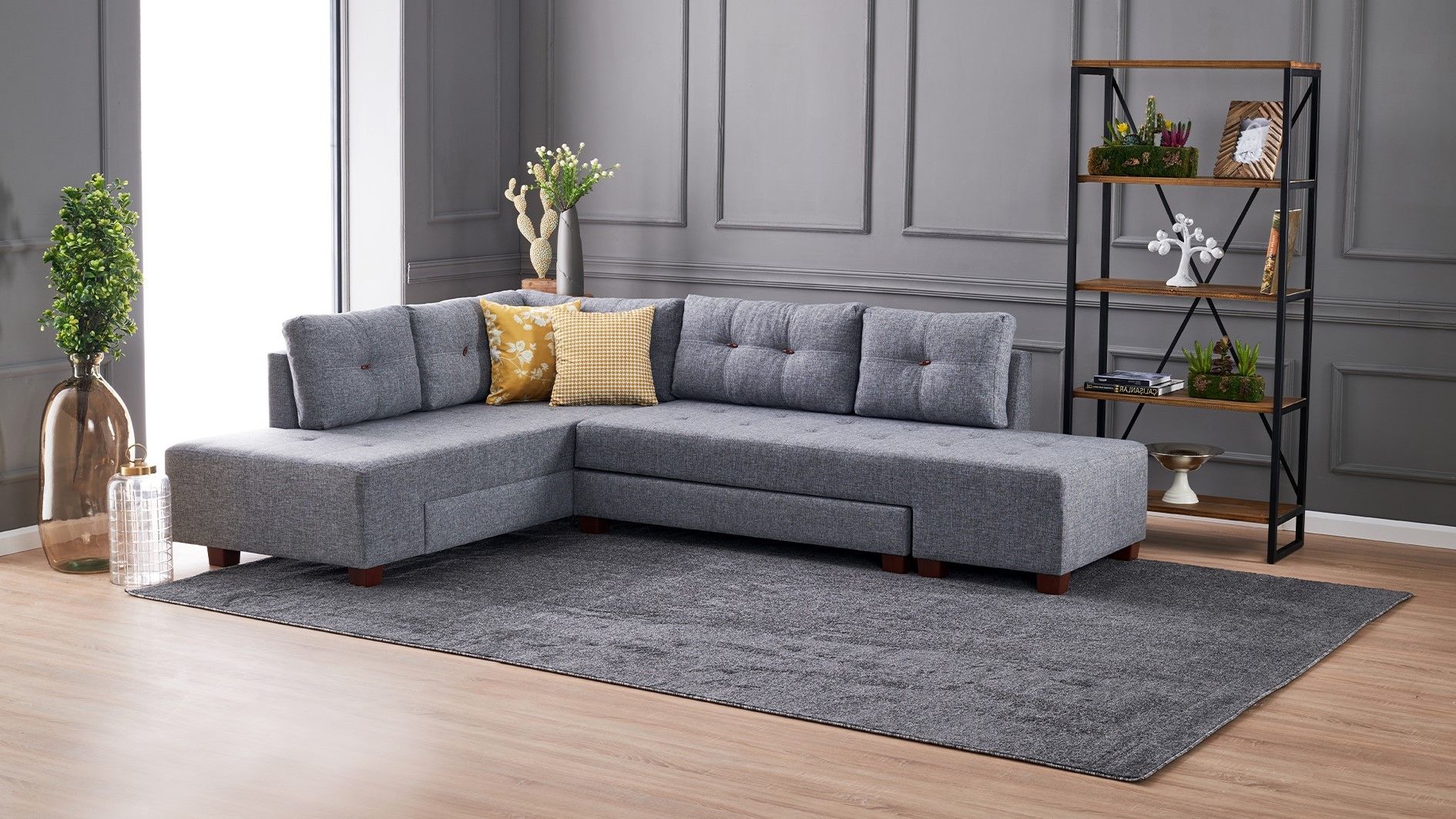 Atelier Del Sofa Canapé-lit d'angle, cadre en bois, tissu 100% polyester, couleur gris