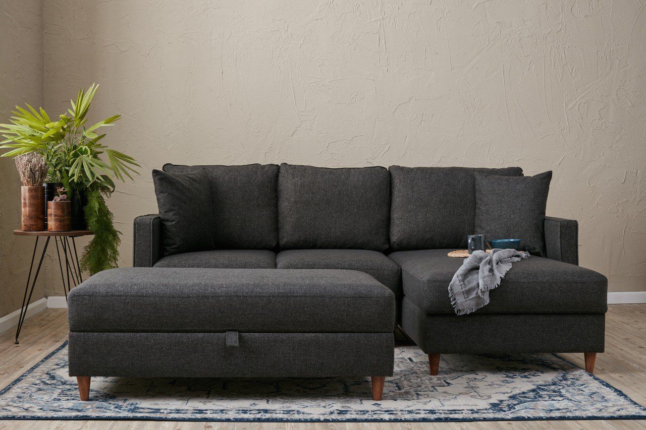 Atelier Del Sofa Canapé d'angle avec structure en FIR/FLAKEBOARD, tissu 100% polyester, couleur anthracite et nettoyage facile