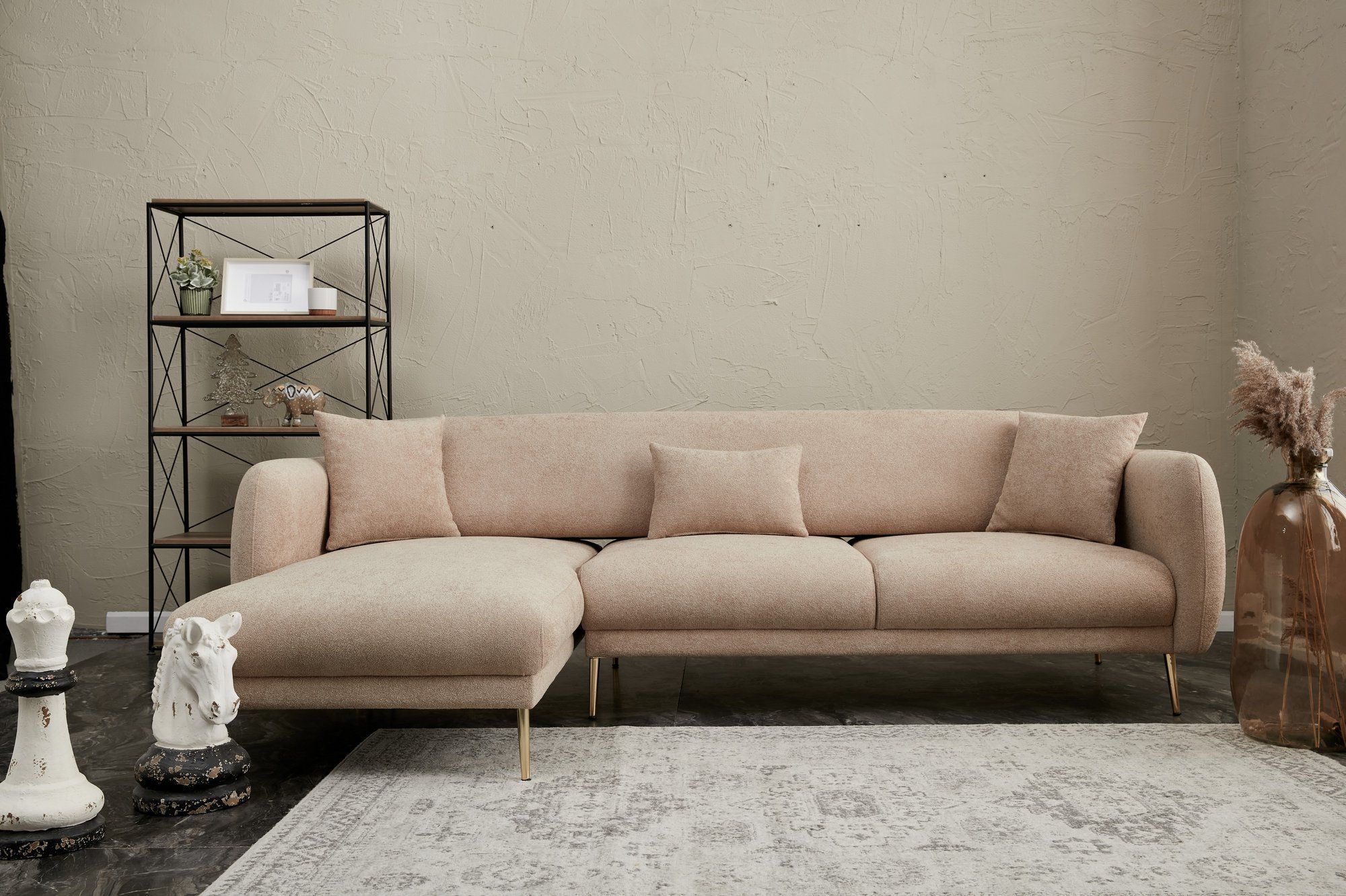 Atelier Del Sofa Canapé-lit d'angle en Beige Gold avec cadre en bois de hêtre