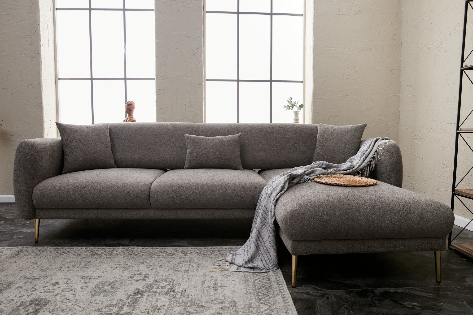Atelier Del Sofa Canapé-lit d'angle avec cadre en bois de hêtre, couleur gris or - tissu 100% polyester - 266 x 133 x 80 cm