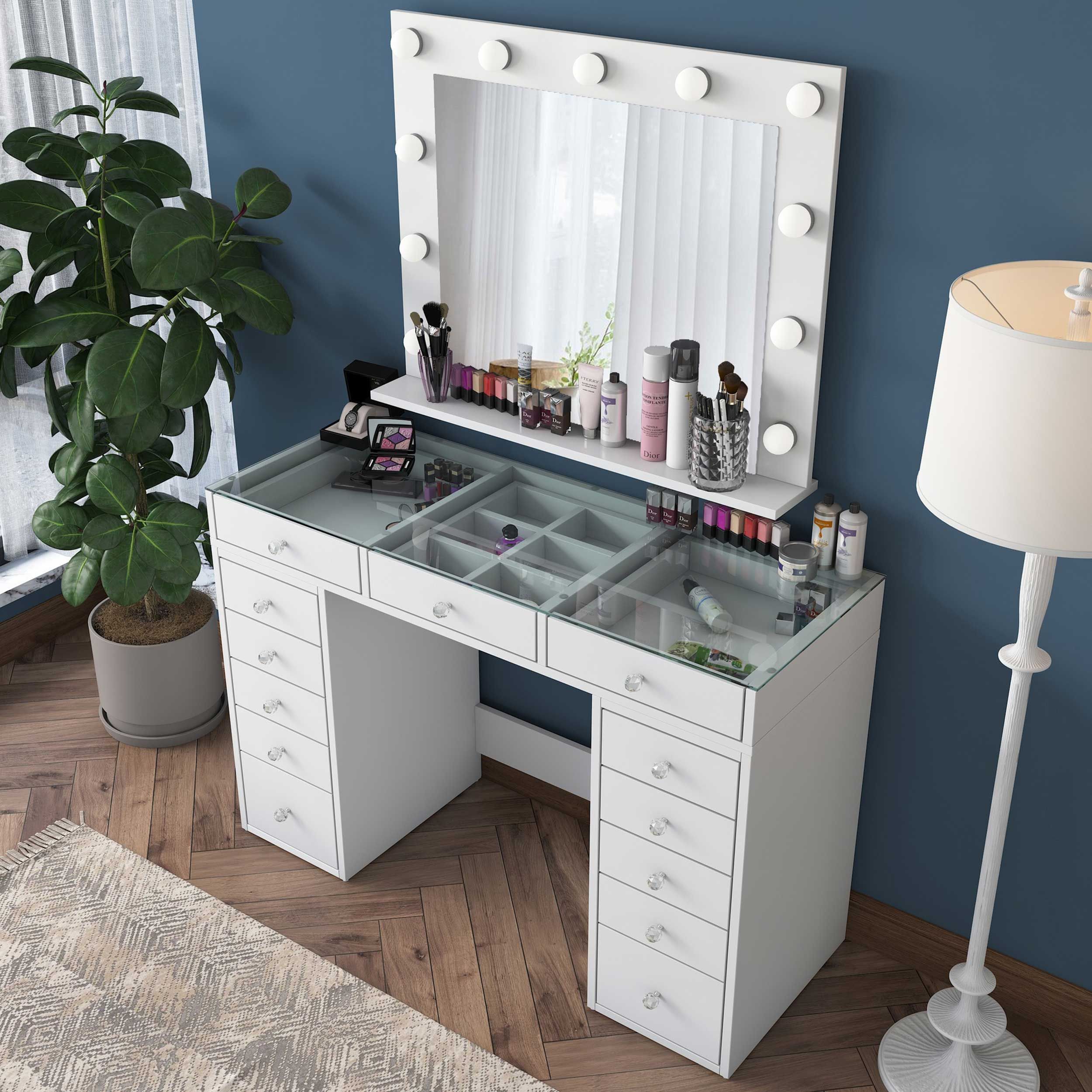 Table de maquillage avec miroir Maxima - 45x120x80 - MDF/blanc