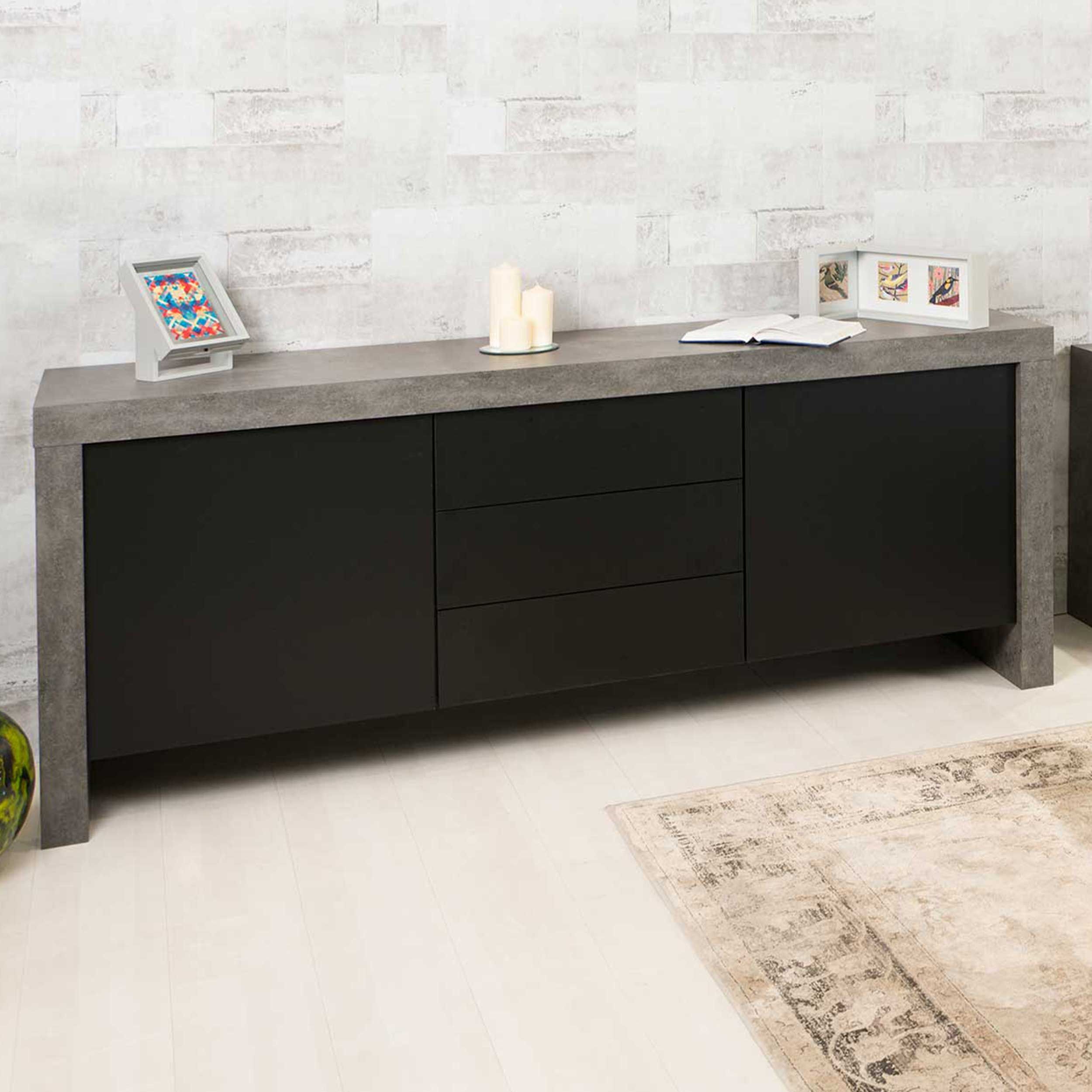 Bahut Cobe 188cm 2 portes 3 tiroirs - béton/noir