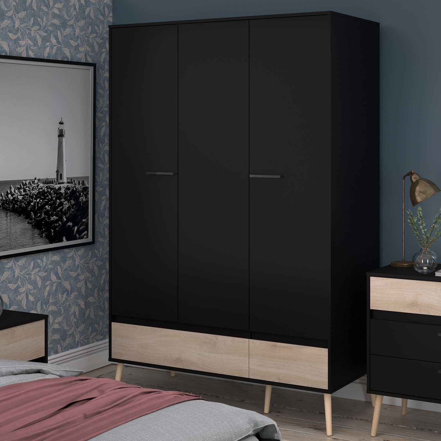 Armoire à vêtements Hardy 135cm avec 3 portes - noir/chêne