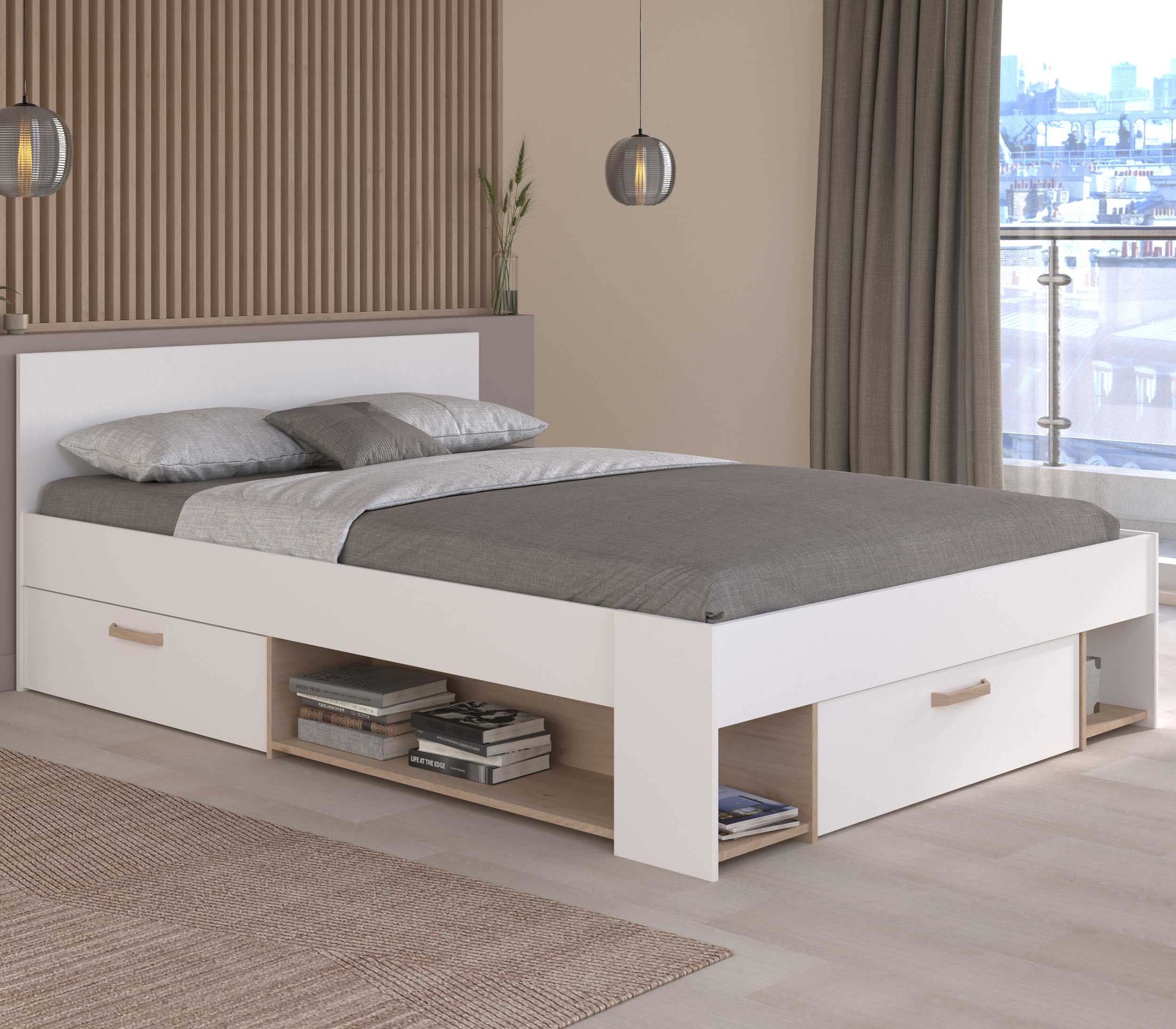 Lit double Achiel - 140x200cm - avec rangement - blanc/décor chêne