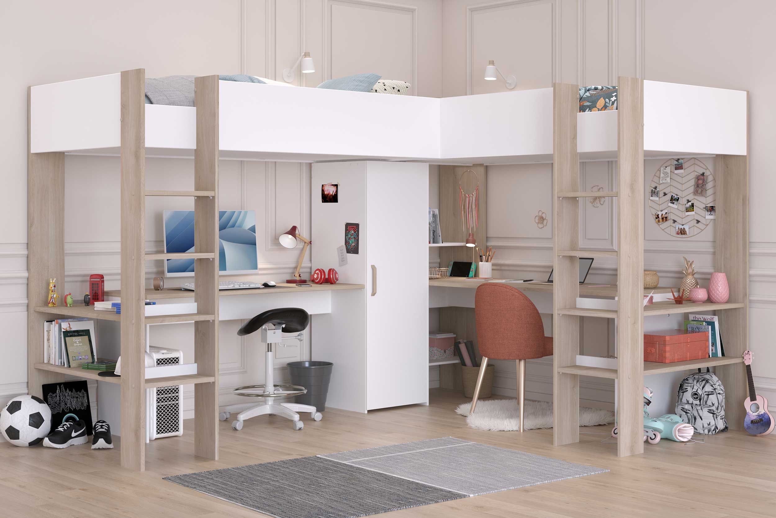 Lit mezzanine double Alexandrie - 90x200 - avec bureau - chêne/blanc