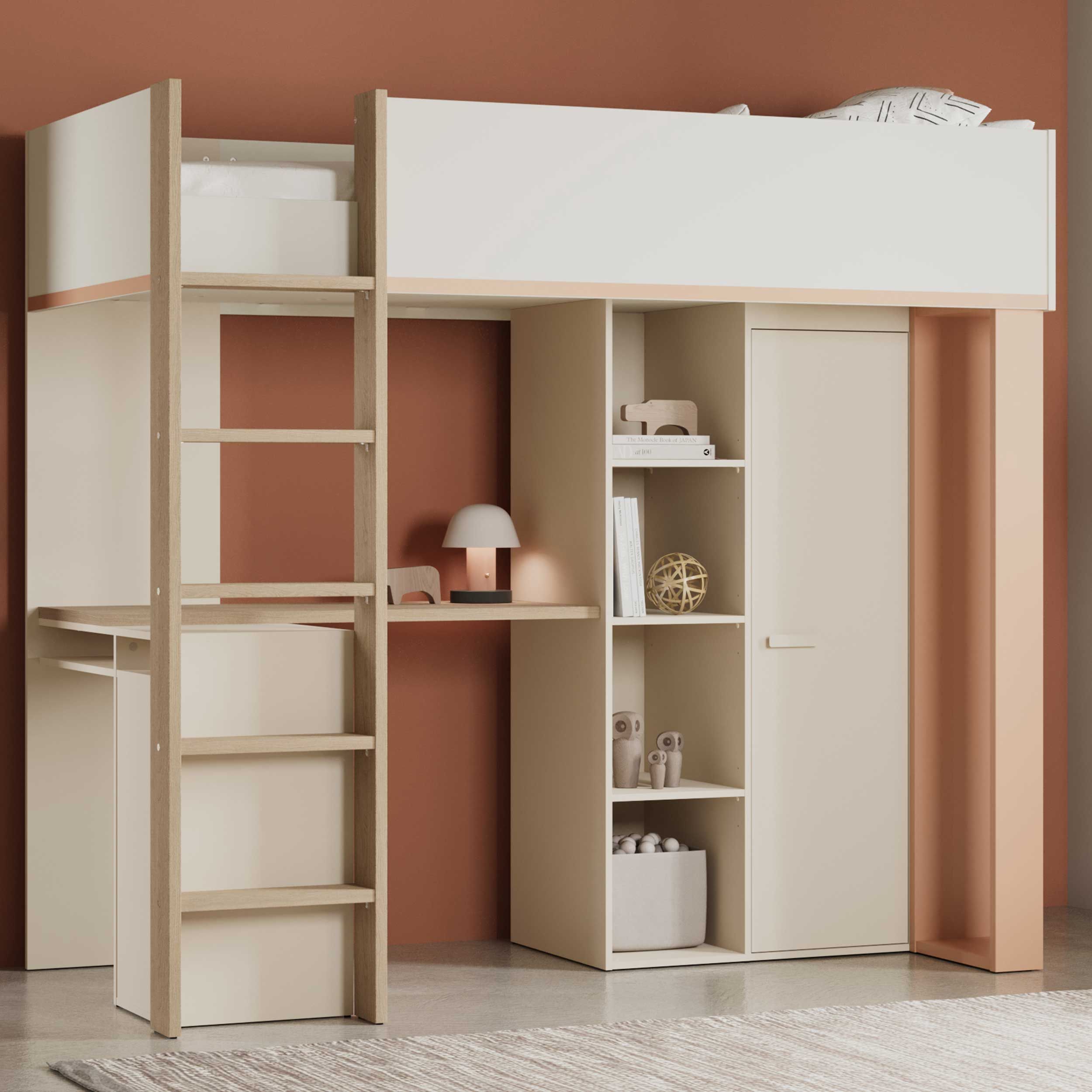 Lit mezzanine Camillia - 90x200cm - avec bureau et rangement - beige/terracotta