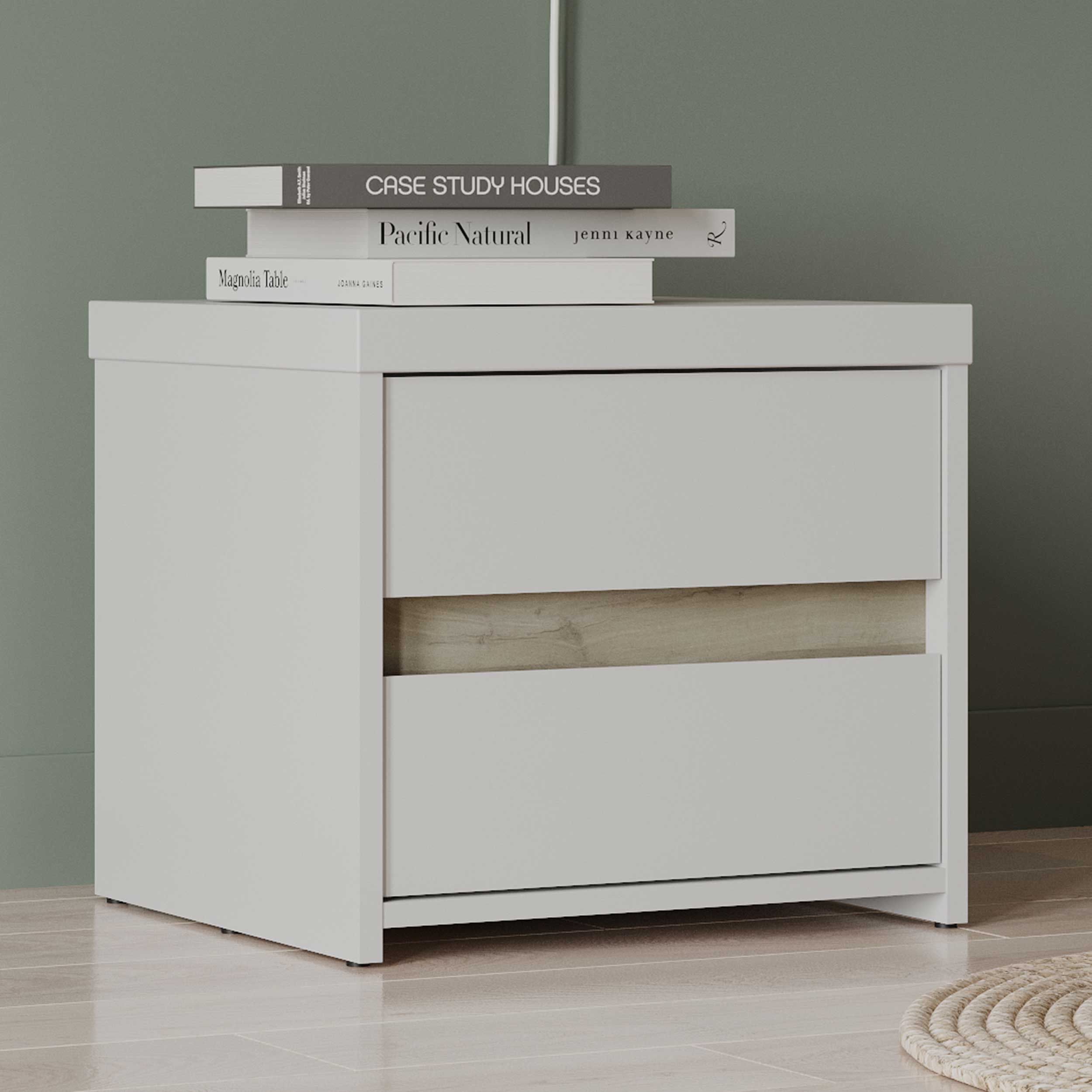 Table de chevet Clyde - 2 tiroirs - blanc/décor chêne