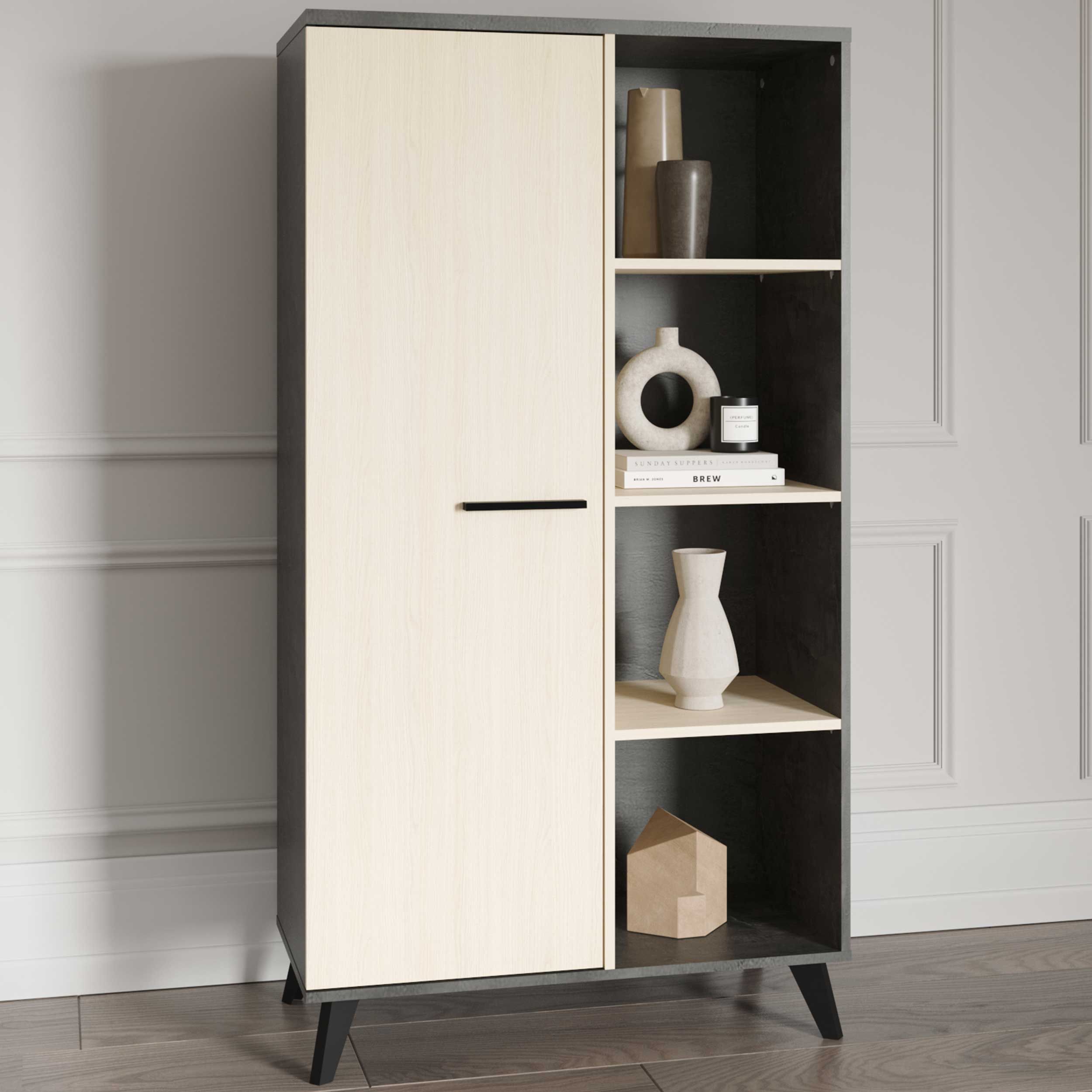 Vaisselier Kent - 83x39x154cm - 1 porte - décor chêne/anthracite