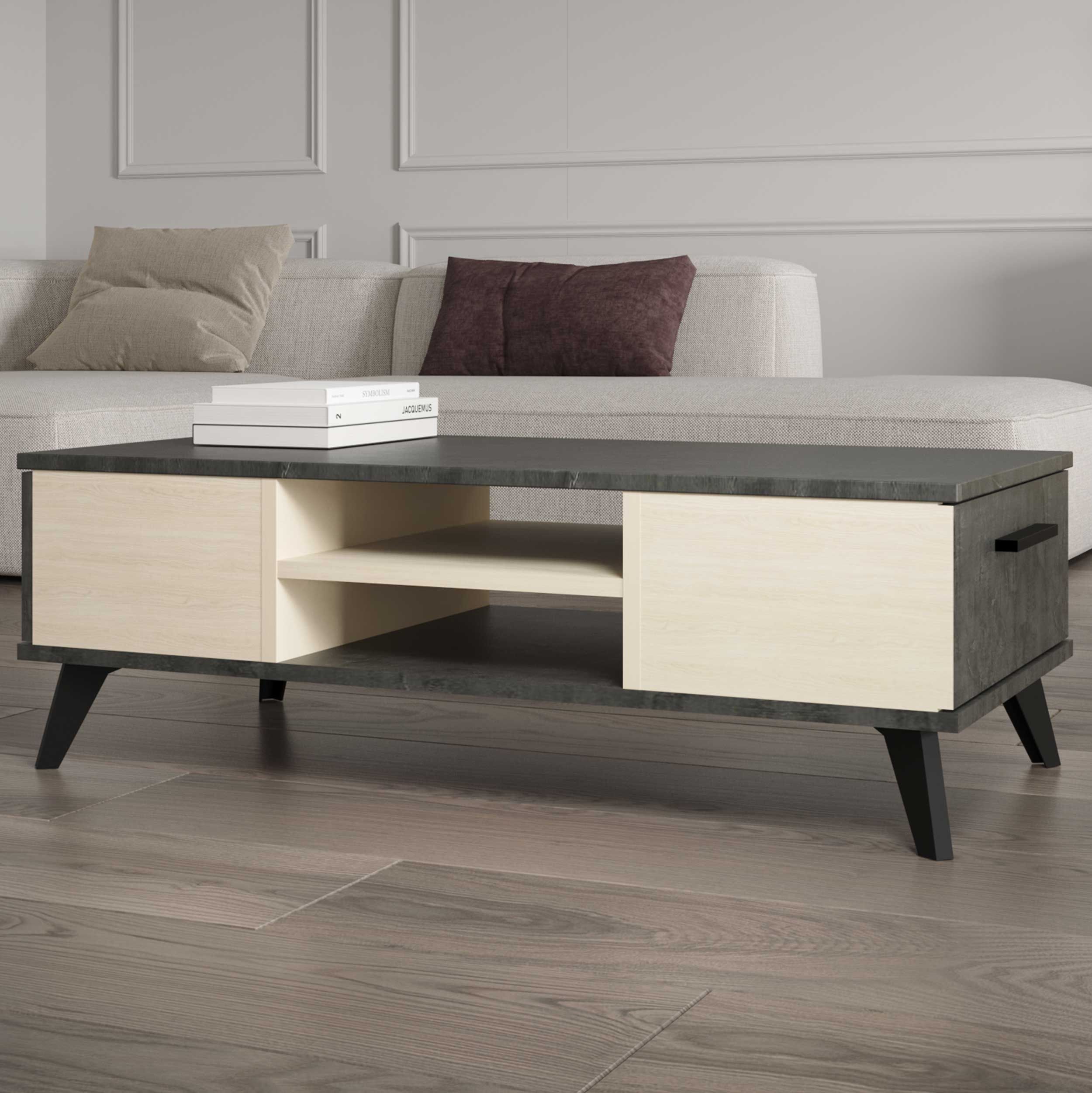 Table basse Kent - 107x50x35cm - avec rangement - décor chêne/anthracite