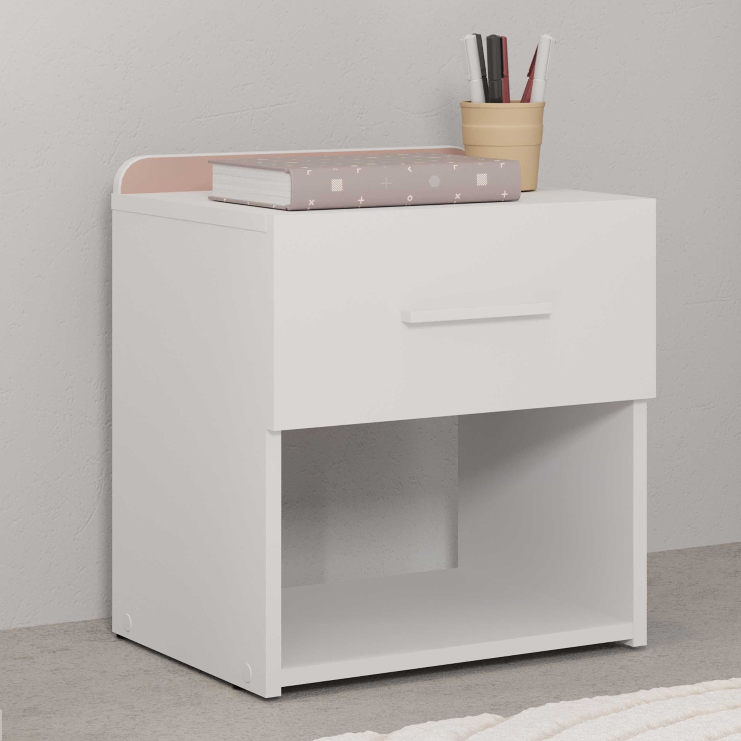 Table de chevet Reverso - 34x40x45cm - avec tiroir de rangement - blanc/rose