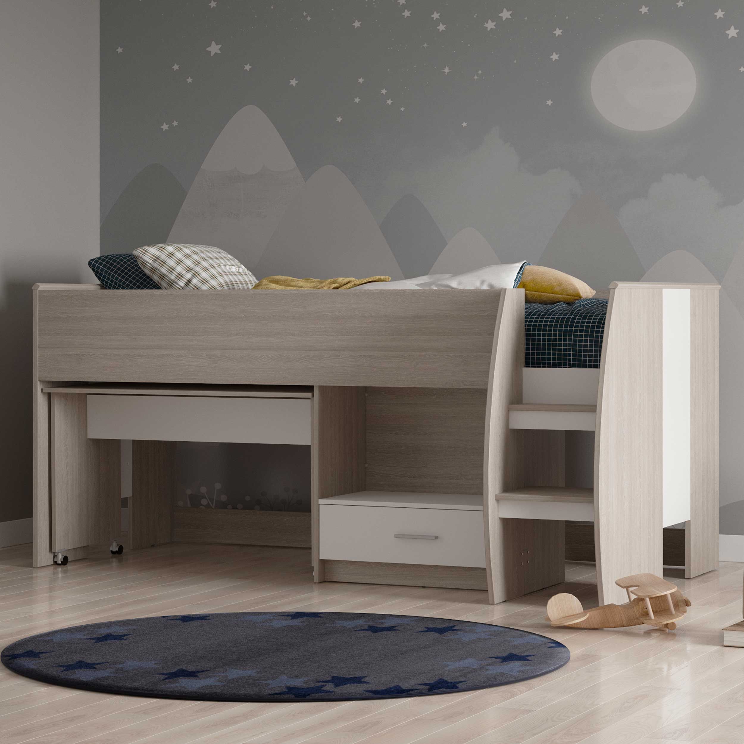 Lit combiné Noni - 90x200 - avec bureau et rangement - chêne/blanc