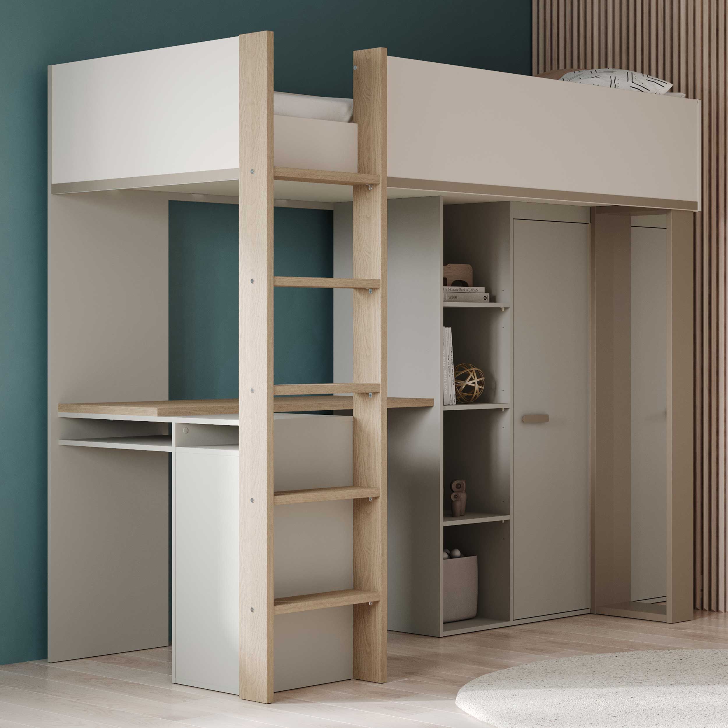 Lit mezzanine Camillia - 90x200cm - avec bureau et rangement - beige/gris