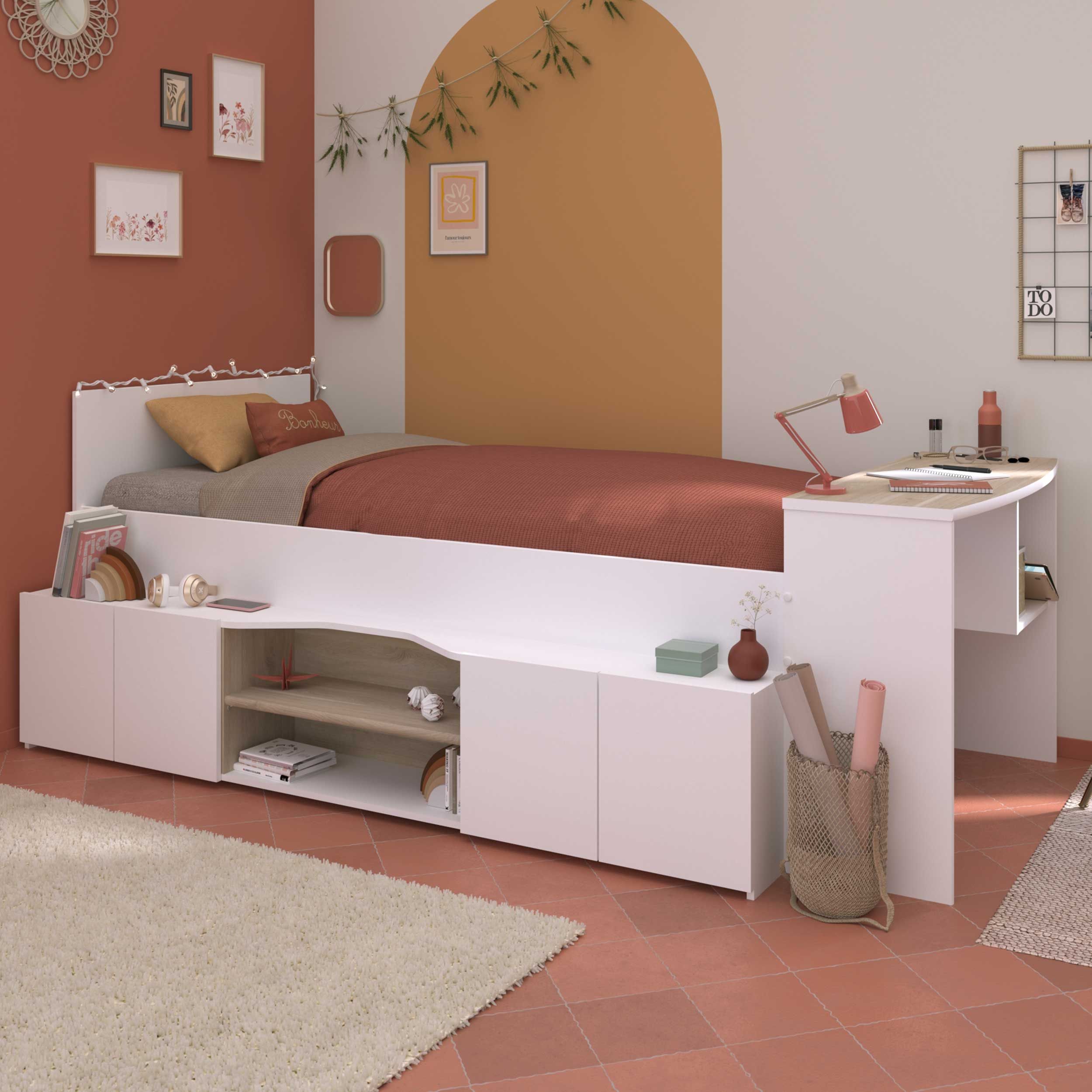 Lit d'enfant Clio 90x200 avec rangement et bureau - blanc/décor chêne