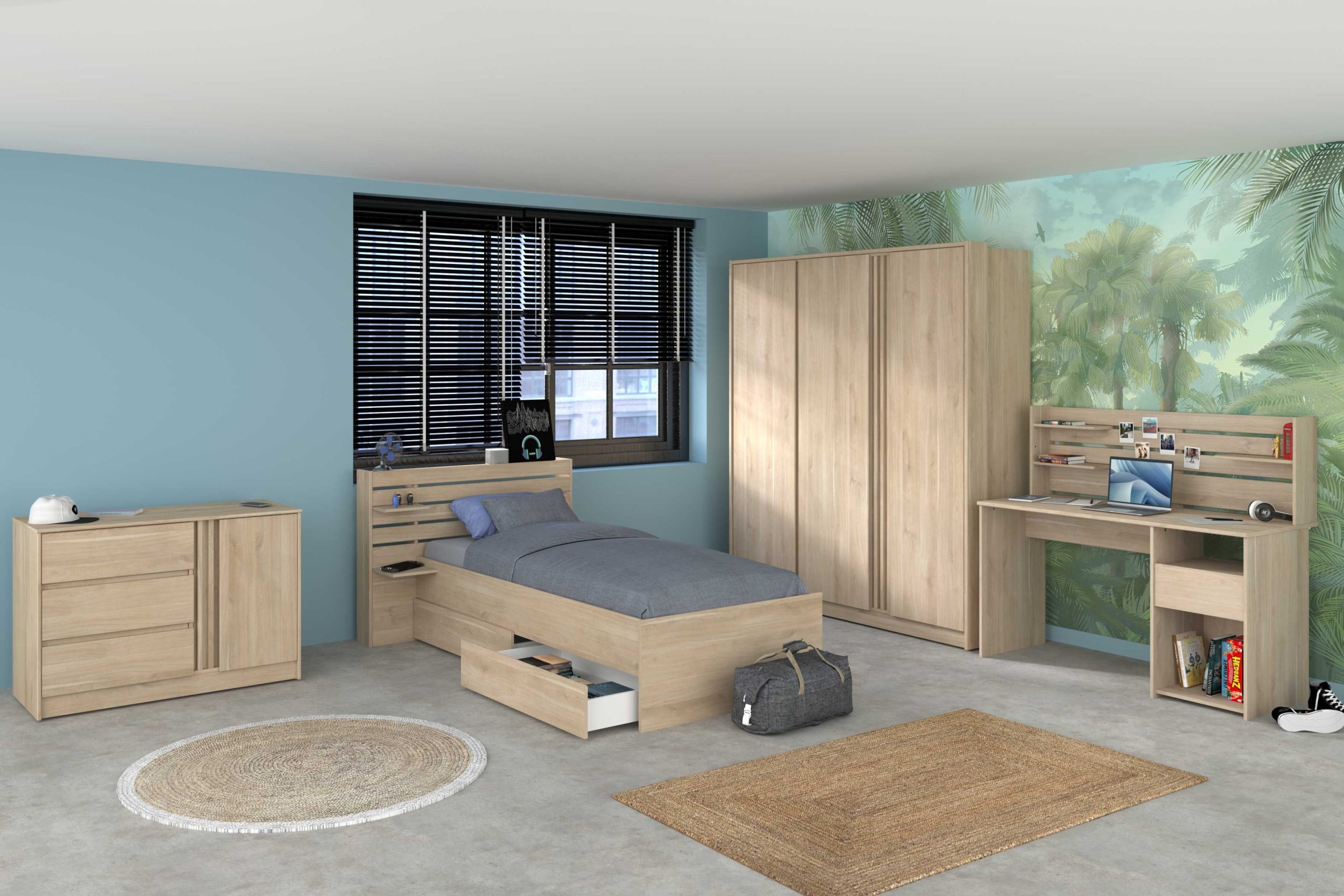 Chambre d'enfant Tokio: lit 90x200 avec tiroirs, armoire, commode, bureau