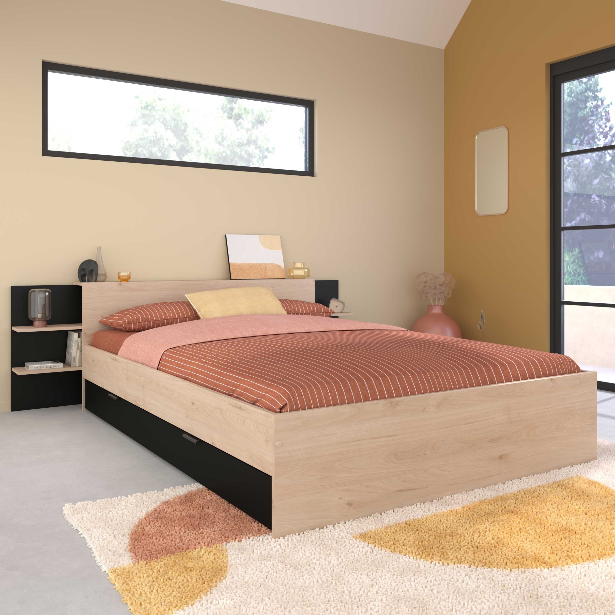 Lit double Heron 140x200/190cm avec tiroir - décor chêne/noir