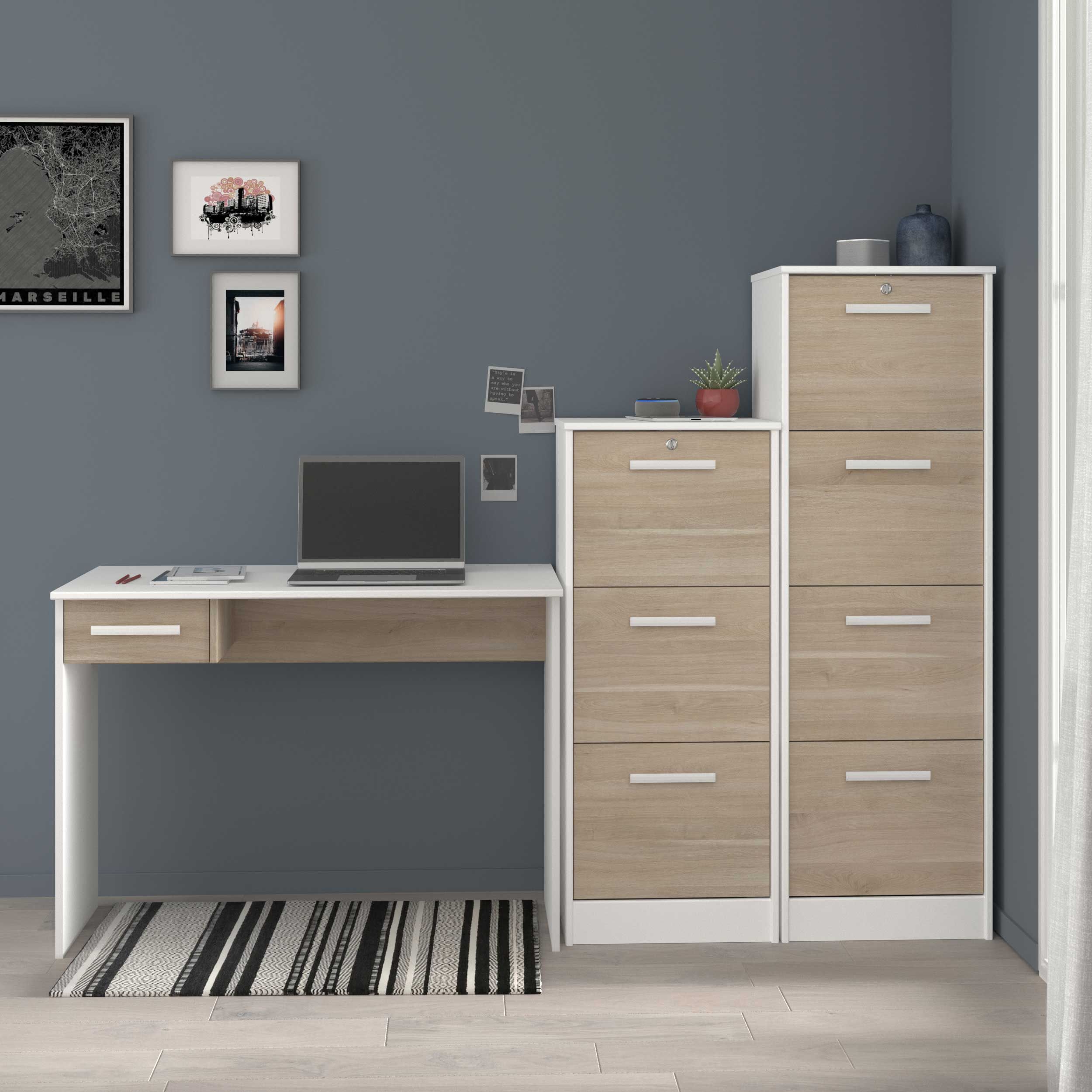 Ensemble de bureau Sil: bureau et deux armoires classeurs - décor chêne/blanc
