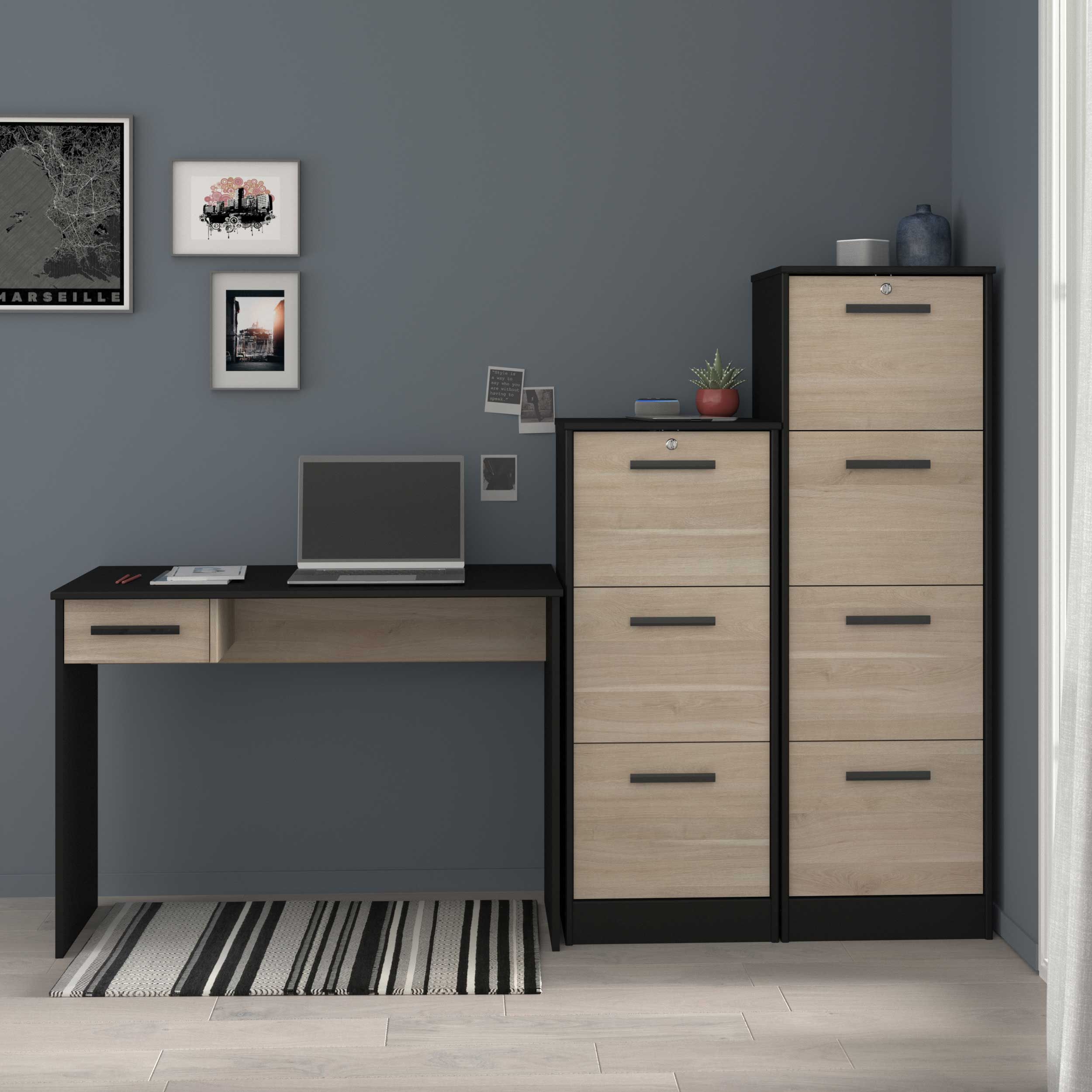Ensemble de bureau Sil: bureau et deux armoires classeurs - décor chêne/noir