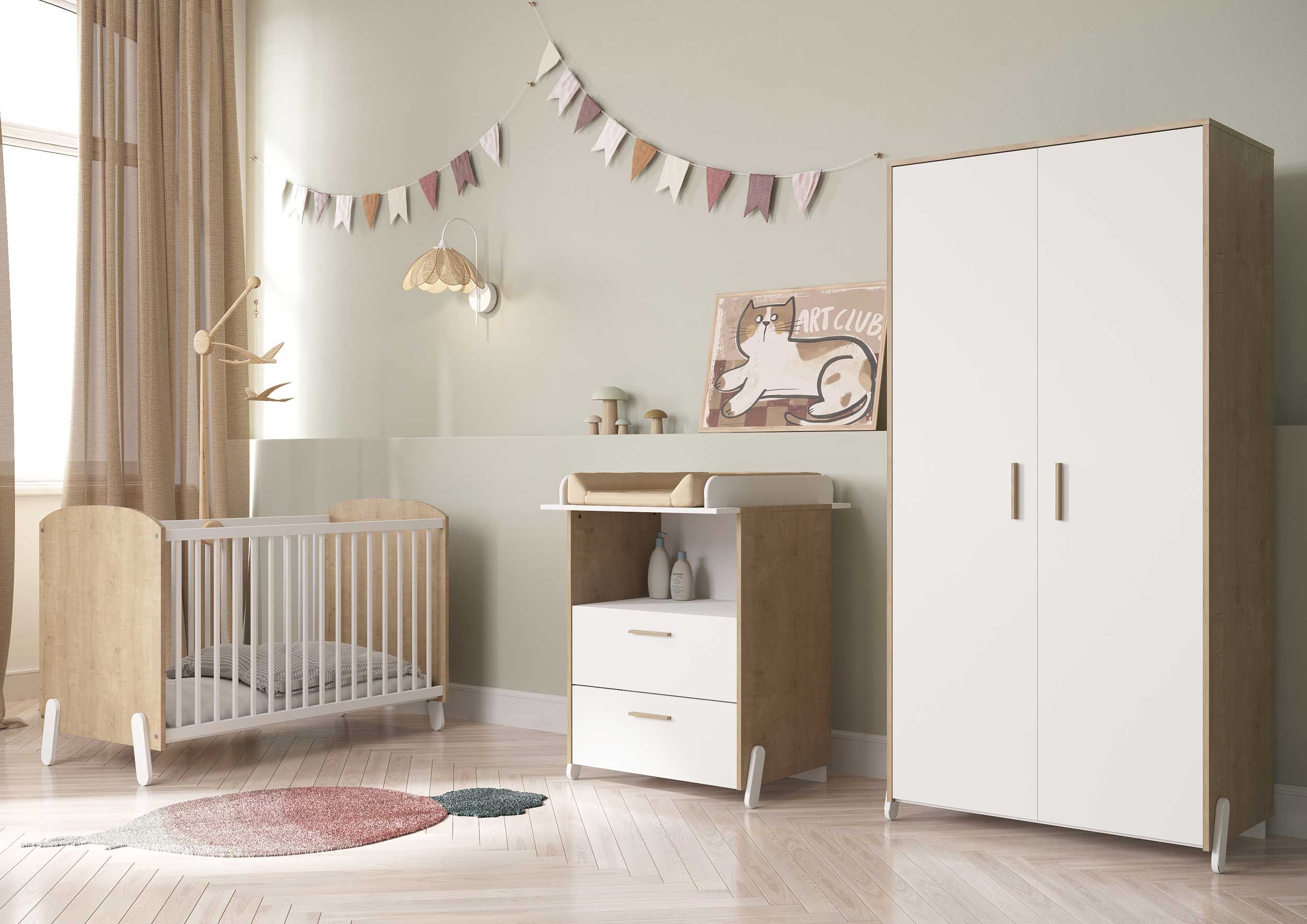 Chambre de bébé Naili: lit bébé 60x120, commode, armoire - blanc/décor chêne