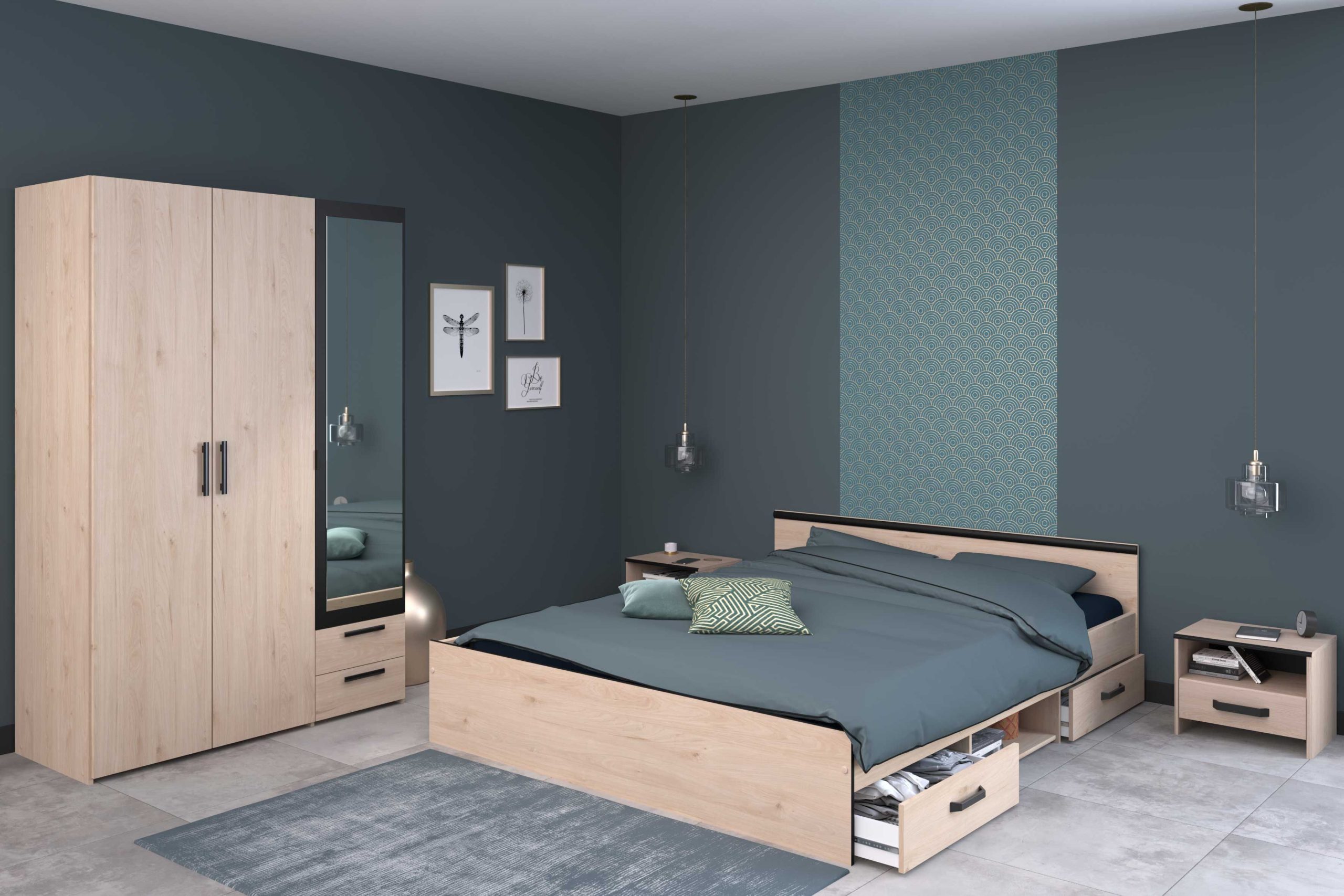 Chambre à coucher Alma: lit 140x190cm, chevet, armoire - décor chêne