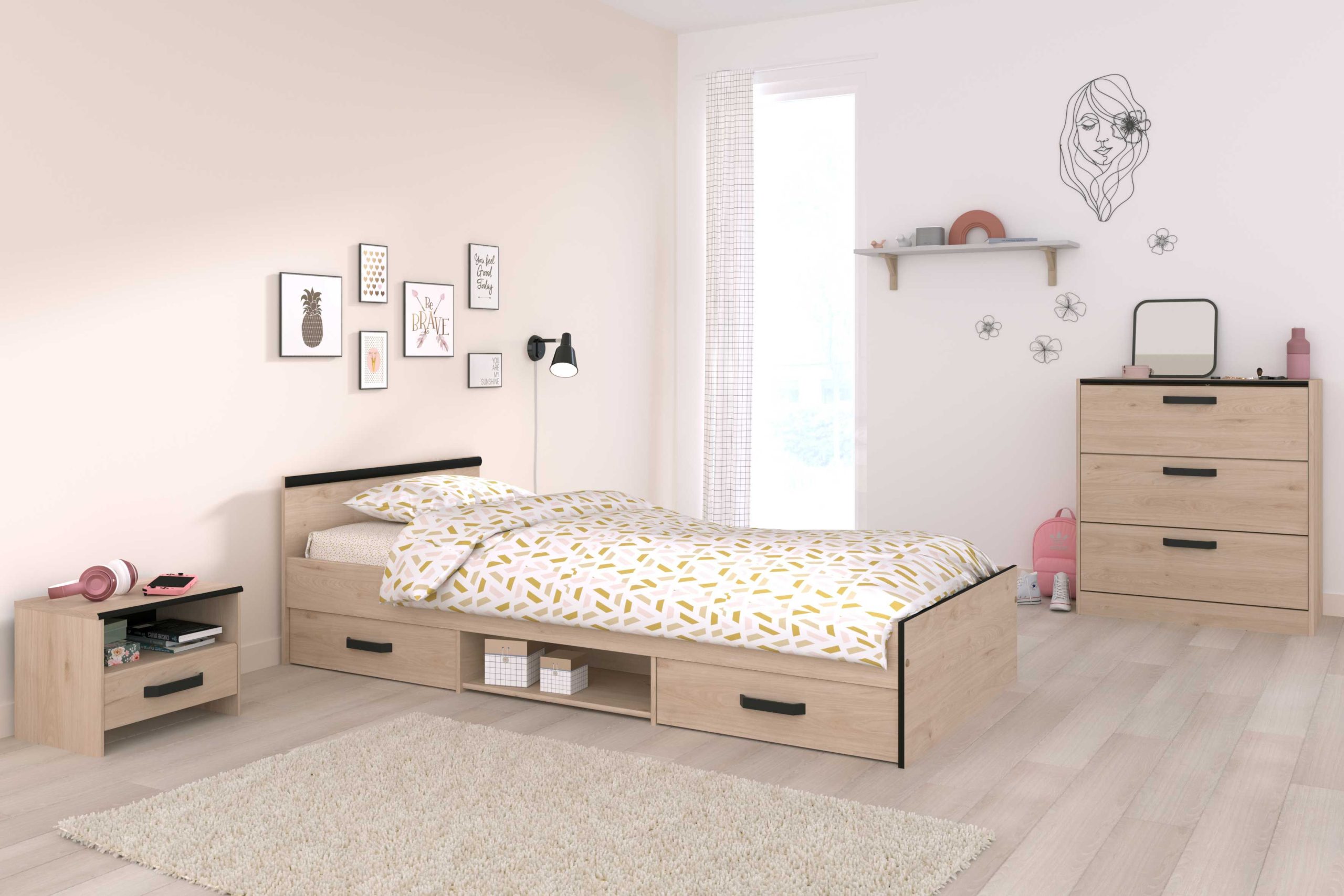 Chambre d'enfant Alma: lit 90x200cm, table de chevet, commode - décor chêne