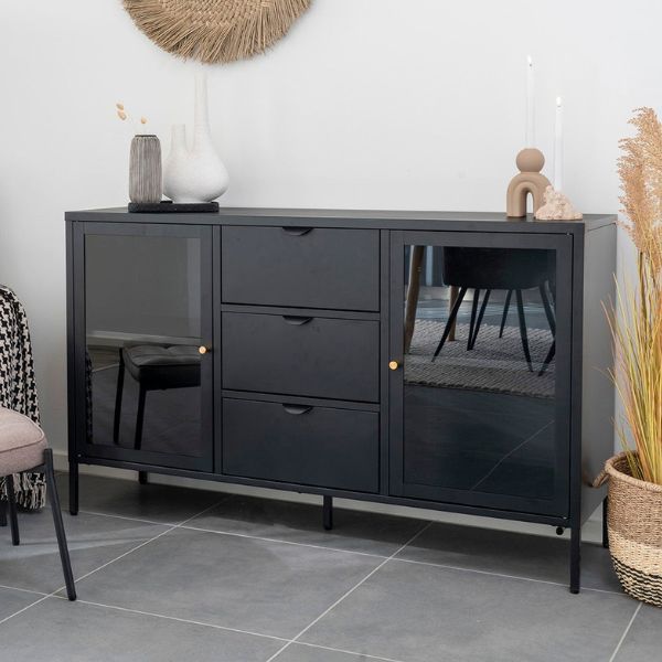 Buffet Dalby noir avec portes et tiroirs en verre