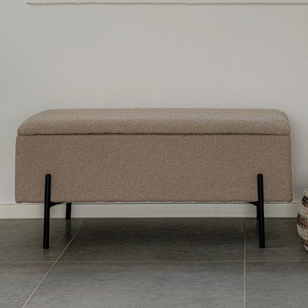 Banc bouclé beige avec rangement et pieds noirs