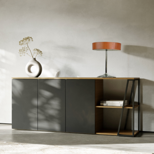 Bahut Albérique 3 portes tournantes et 4 étagères-chêne/noir mat