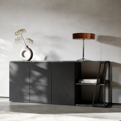 Bahut Albérique 3 portes tournantes et 4 étagères-béton/noir mat