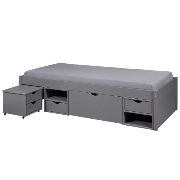 Lit simple avec solutions de rangement multiples Till | 209 x 96 x 47,5 cm | Couleur : Gris foncé