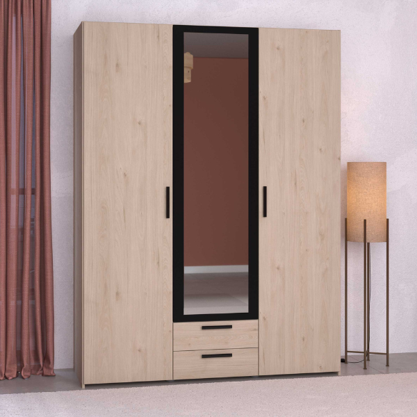 Armoire Salvador avec miroir, 3 portes & 2 tiroirs - chêne jackson/noir