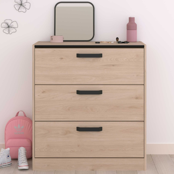 Commode Alma avec trois tiroirs - décor chêne/noir