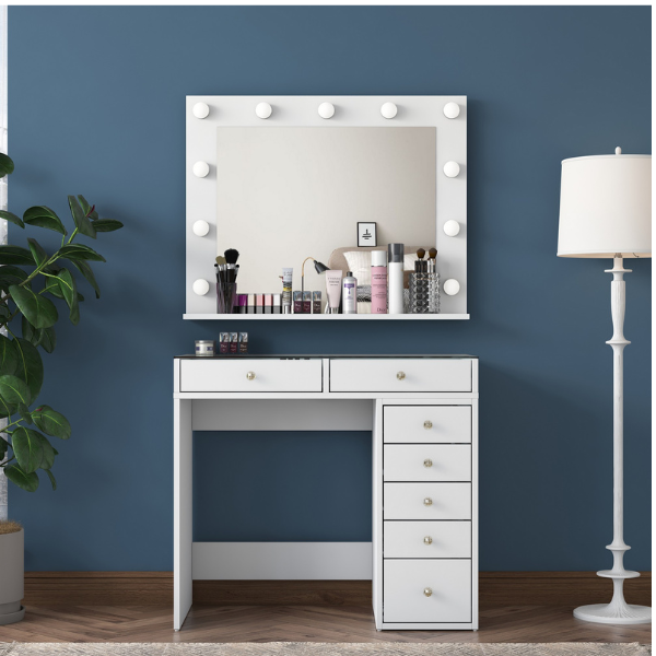 Table de maquillage avec miroir Maxima - 45x90x80 cm - MDF/blanc