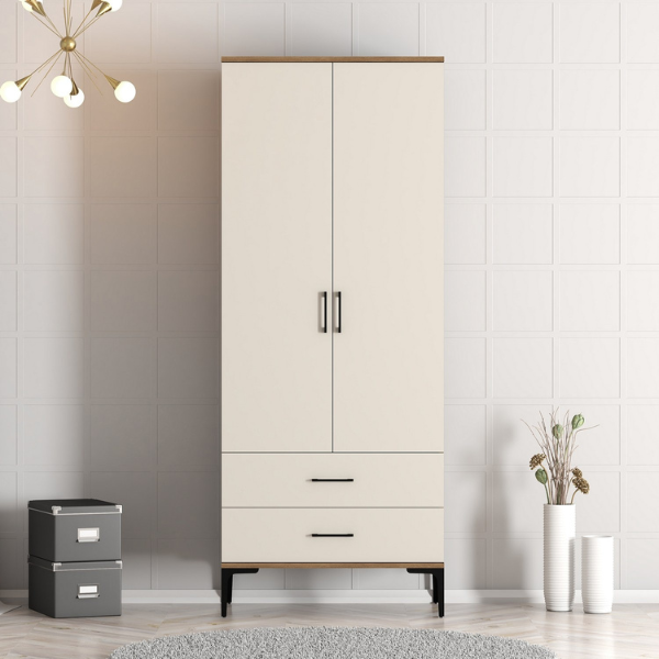 Armoire Khalida - 201,40x80x47,5 cm - Crème/Noyer