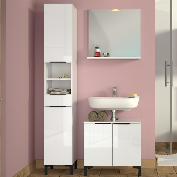 Ensemble de salle de bain: meuble colonne, meuble sous-vasque, miroir - blanc brillant