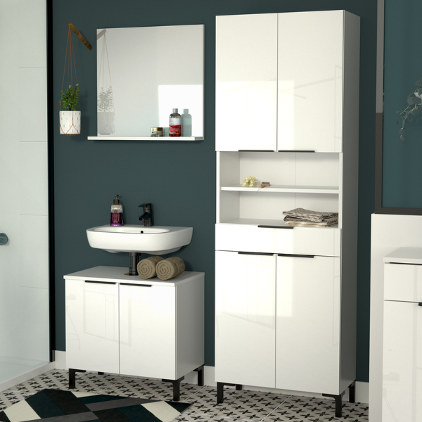 Ensemble de salle de bain: meuble salle de bains, meuble sous-vasque, miroir - blanc brillant