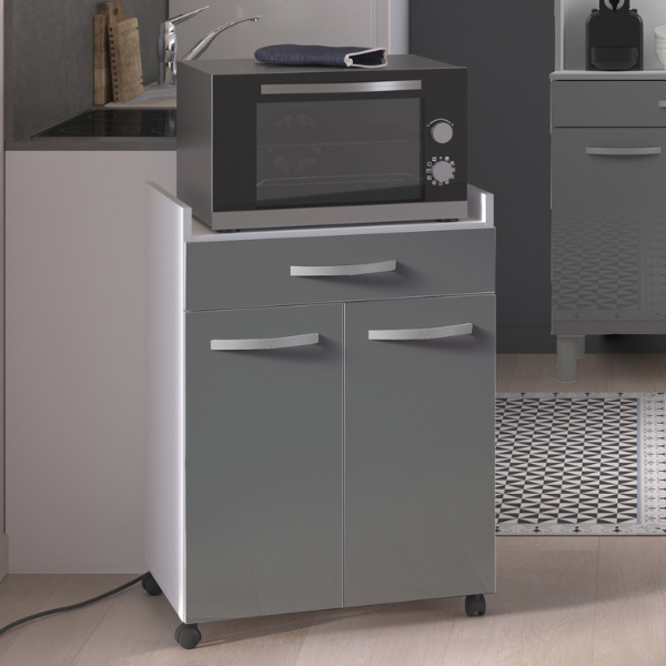 Desserte Eko avec roulettes - 2 portes & 1 tiroir - gris brillant