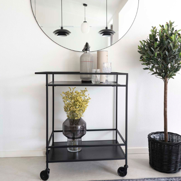 Chariot de bar Vita - Noir | 2 étagères, acier et mélamine