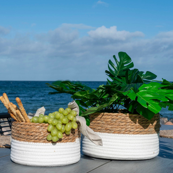 Ensemble de paniers en coton jonc blanc et nature